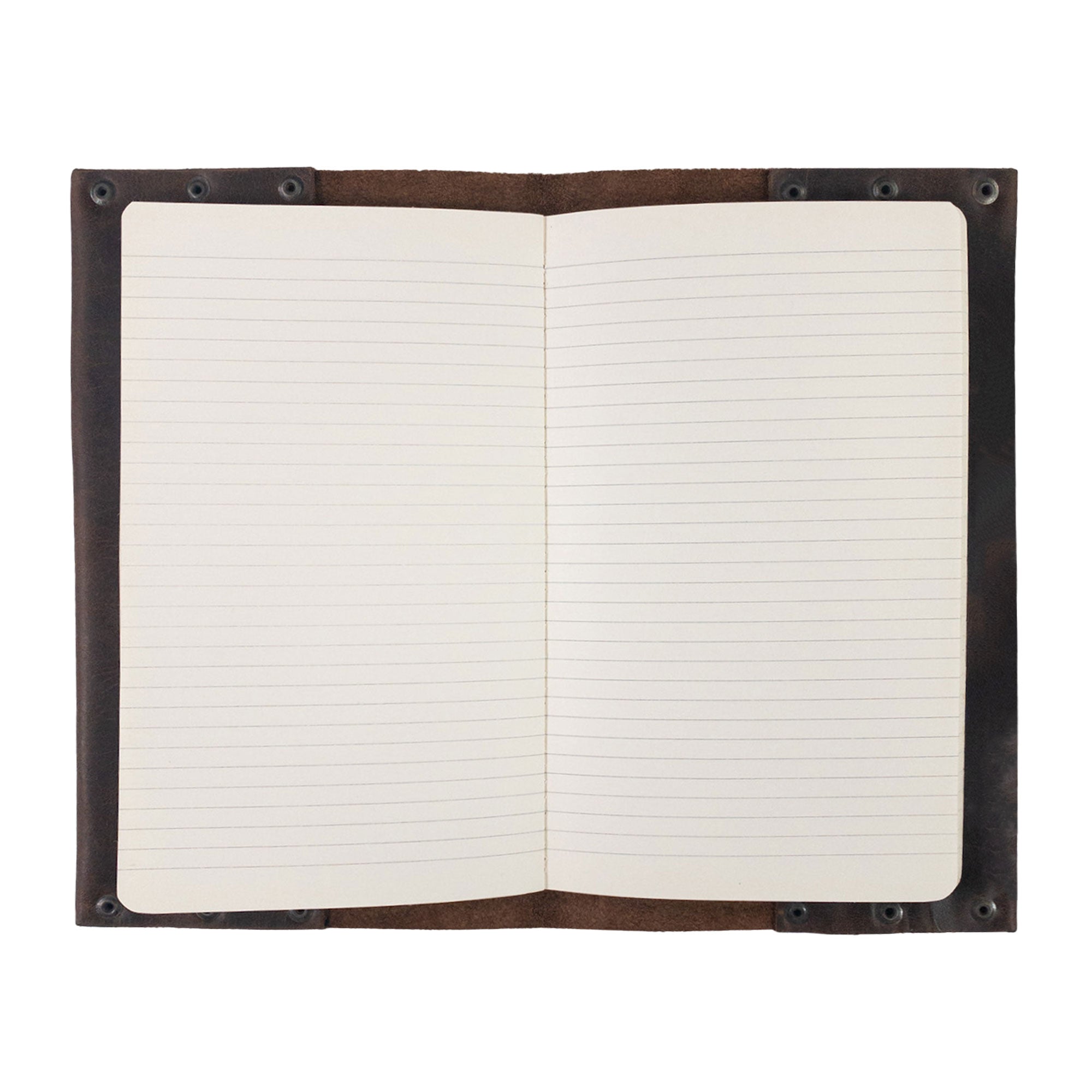 Interior view of Hide & Drink's Riveted Journal Cover (5 x 8.50 in.) (Notebook Not Included), featuring lined pages and a vintage style design in full grain leather. This handmade artisan item is meticulously hand cut and hand sewn, showcasing small batch production methods and fire branding, proudly crafted by skilled artisans in La Antigua Guatemala & Oaxaca Mexico.