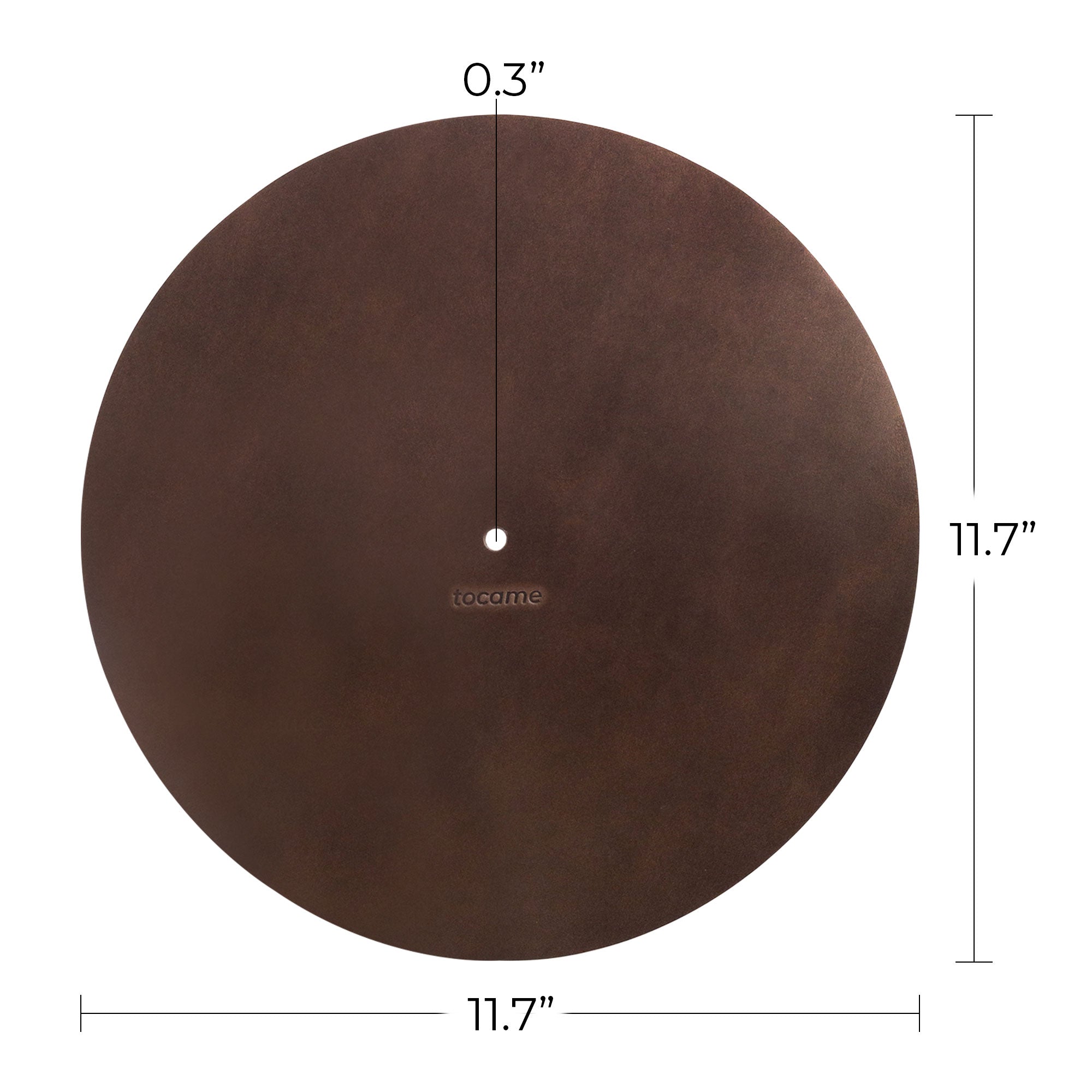 Dimensions of the tocame Circular Turntable Slipmat displayed alongside a measurement scale, detailing its size and thickness. This elegant slipmat, made from full grain leather, serves as an antistatic cover to reduce noise and sounds from static and dust, showcasing quality artisan work from La Antigua Guatemala.