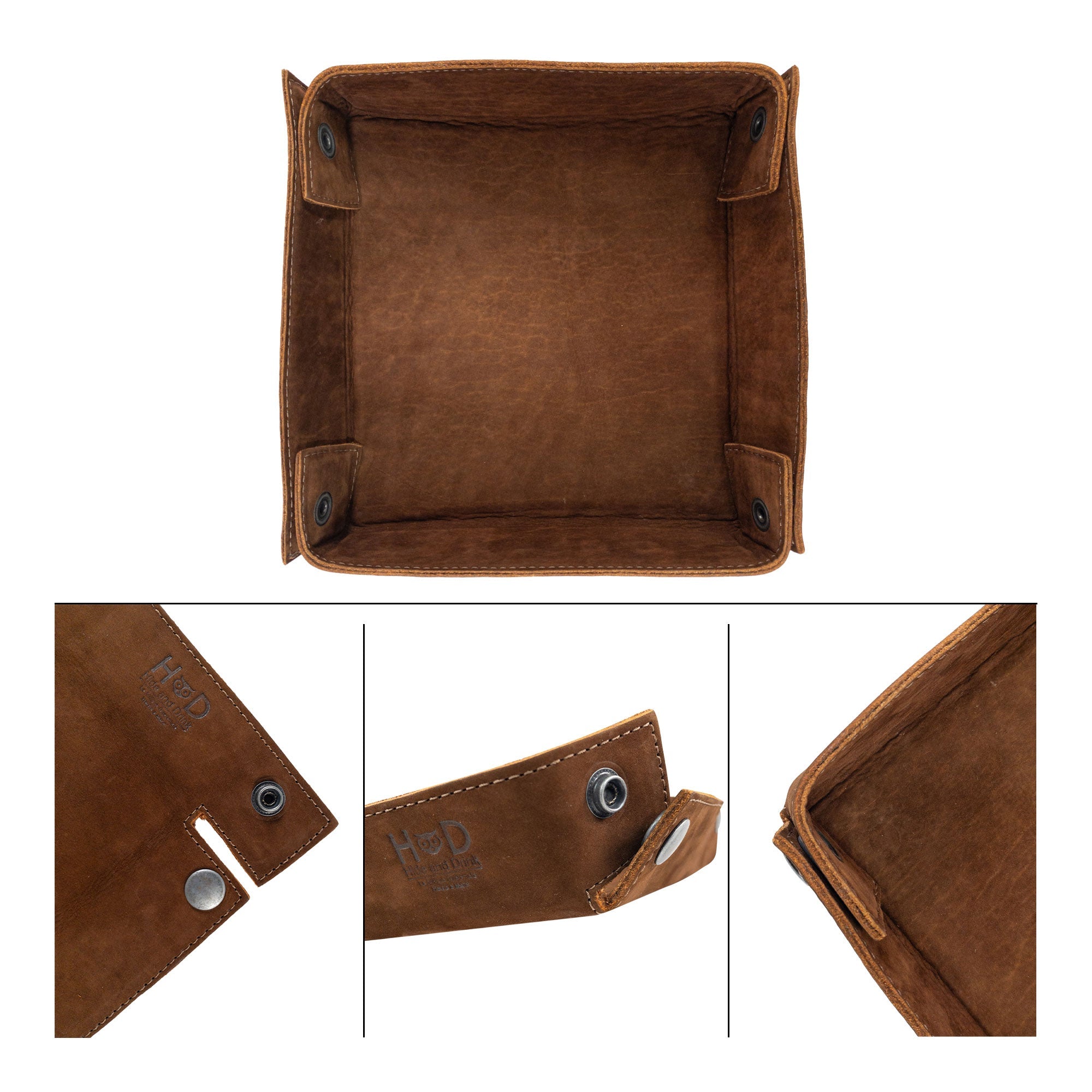 Hide & Drink Jumbo Tray showcasing a rustic design, perfect as a catchall for coins and watches. This durable organizer is made from full grain leather, celebrating small batch artisan production in La Antigua Guatemala.
