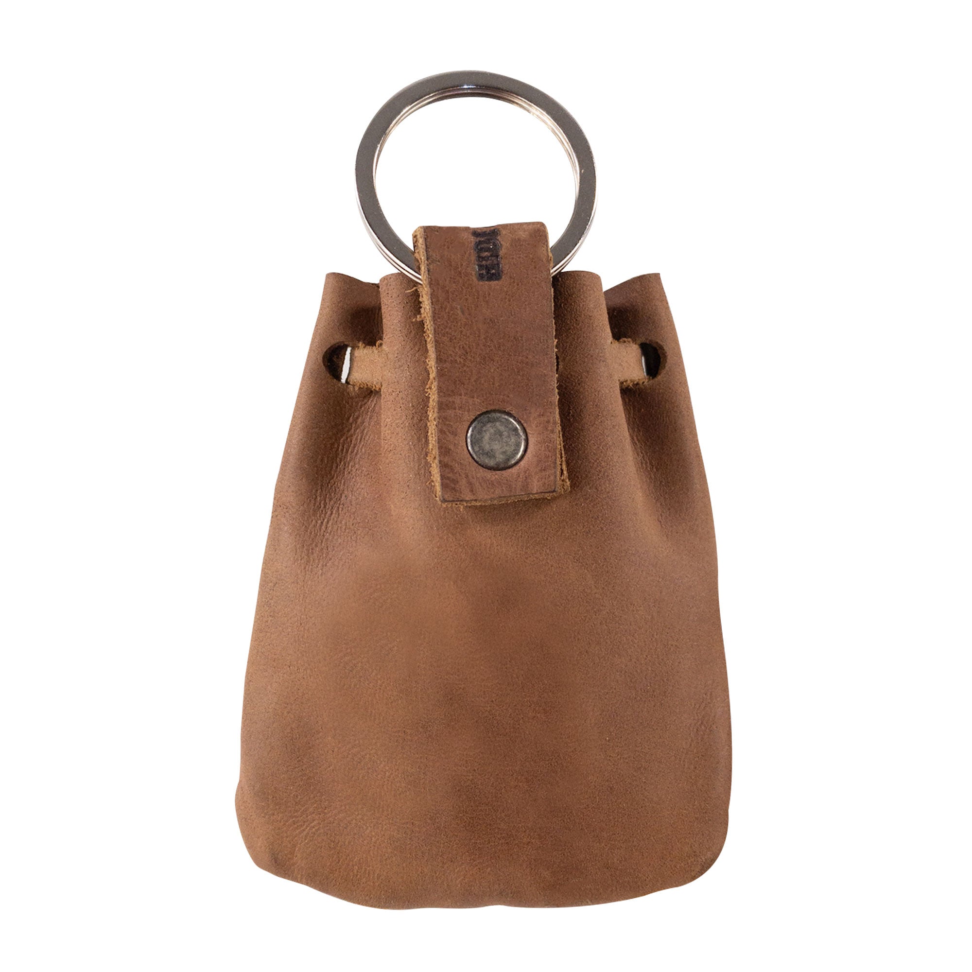 Dimensions of the Mini Medieval Pouch Keychain from Hide & Drink clearly shown. This tiny bag with keyring is made from full grain leather, perfect for organizing coins while valuing artisan craftsmanship from La Antigua Guatemala and Oaxaca Mexico.