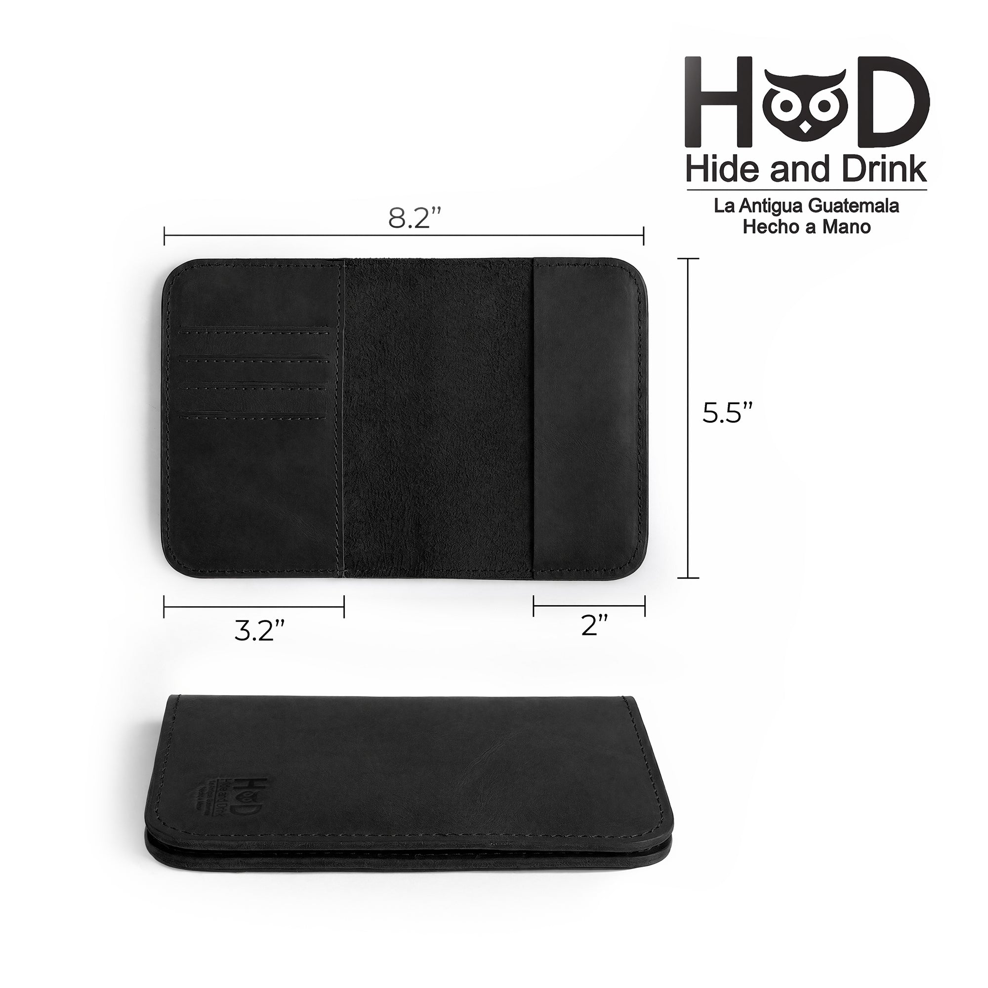 Detailed depiction of the Hide & Drink Travel Wallet showing its color variations. This handcrafted travel wallet serves as a bifold passport case, made from full grain leather in La Antigua Guatemala.