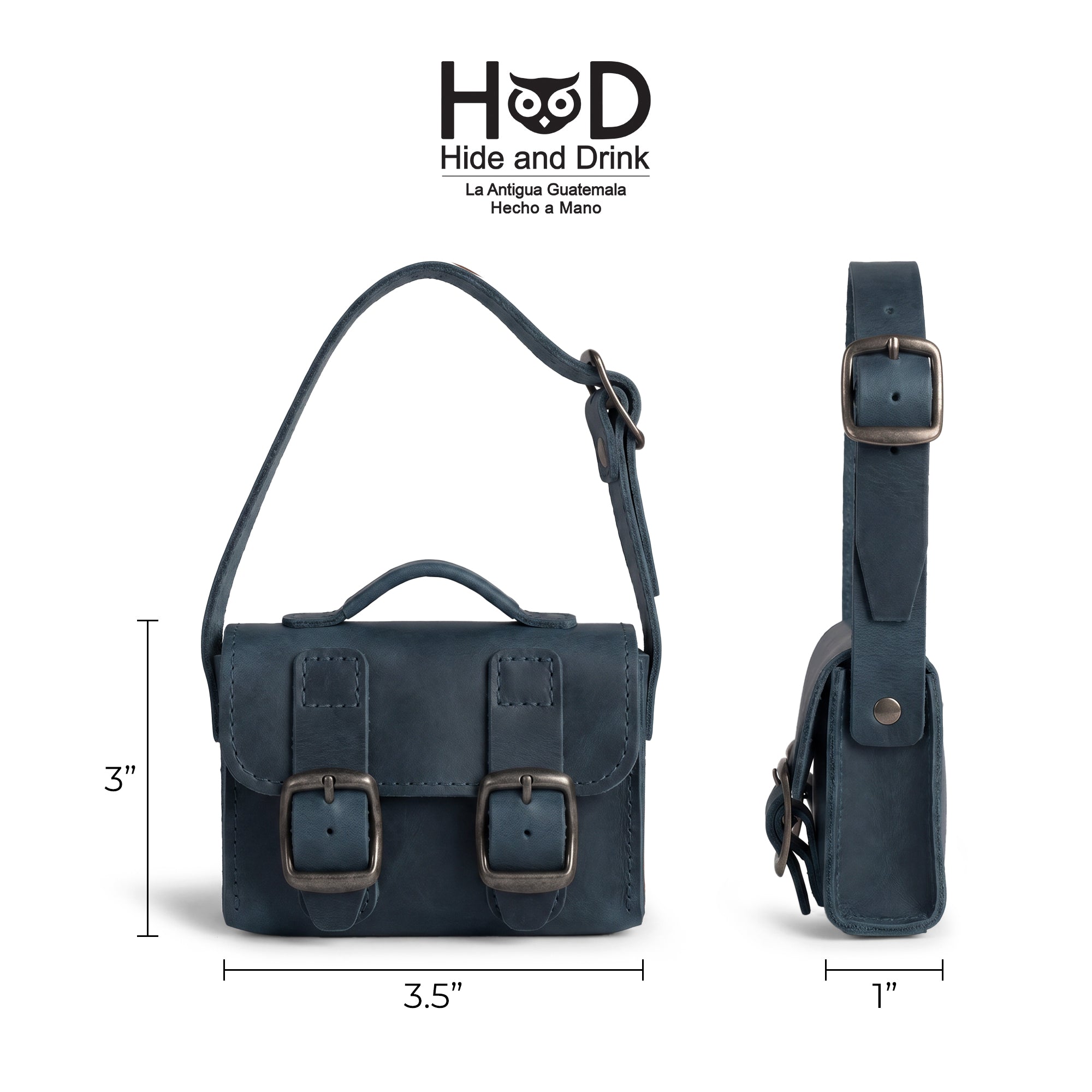 Size dimensions of the deep blue Tiny Messenger Bag by Hide & Drink, clearly showing its compact design. This Mini Messenger Bag Charm in Full Grain Leather is perfect for keychain or handbag use, showcasing artisan craftsmanship from La Antigua Guatemala.