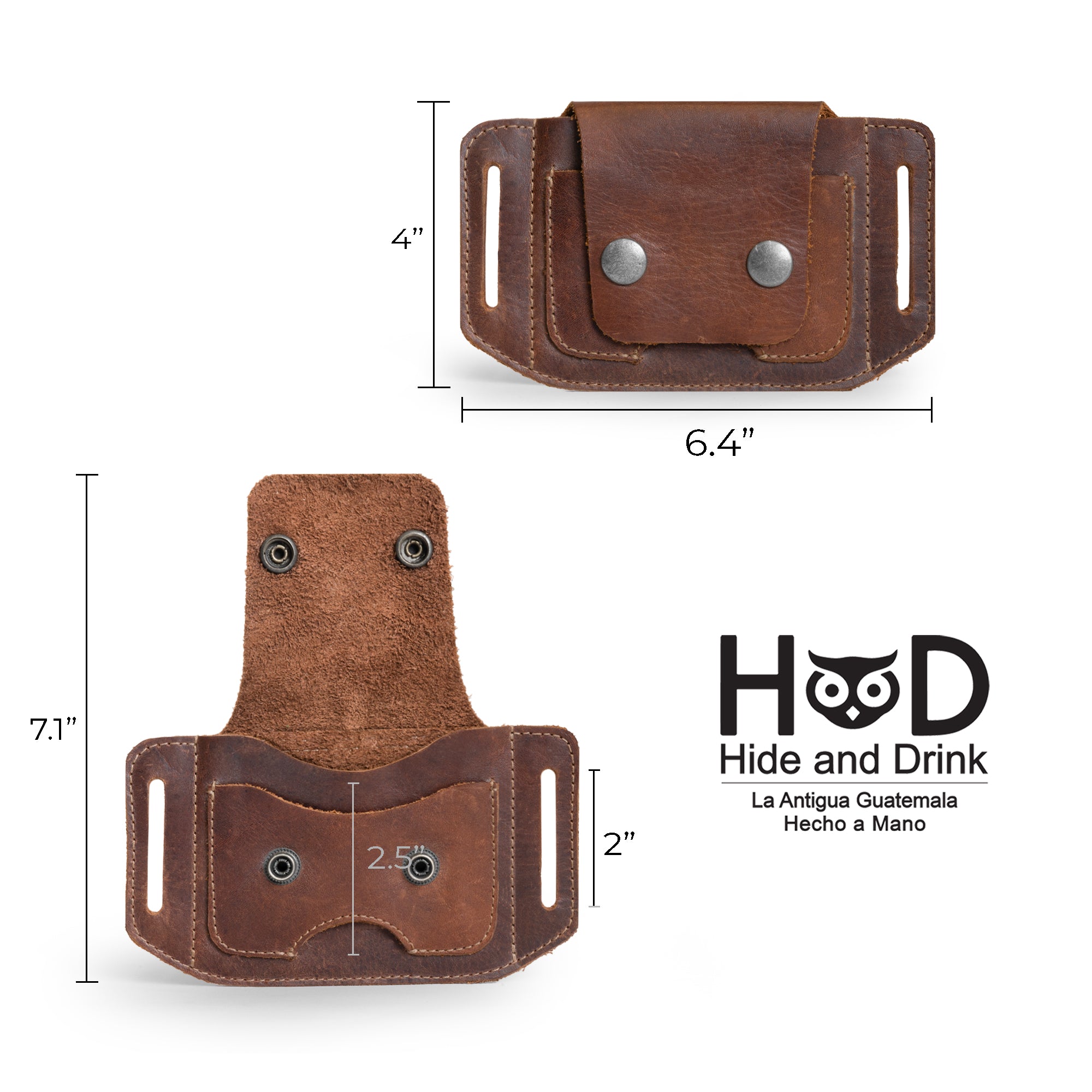 Dimensions of the Hide & Drink Tactical Card Holder highlighted with precise measurements, emphasizing its practicality and compact design. Constructed from full grain leather, this tactical card holder ensures safe card storage. Crafted through small batch production methods, it demonstrates hand cut and hand sewn quality, along with fire branding. Artisan creation in La Antigua Guatemala & Oaxaca Mexico.