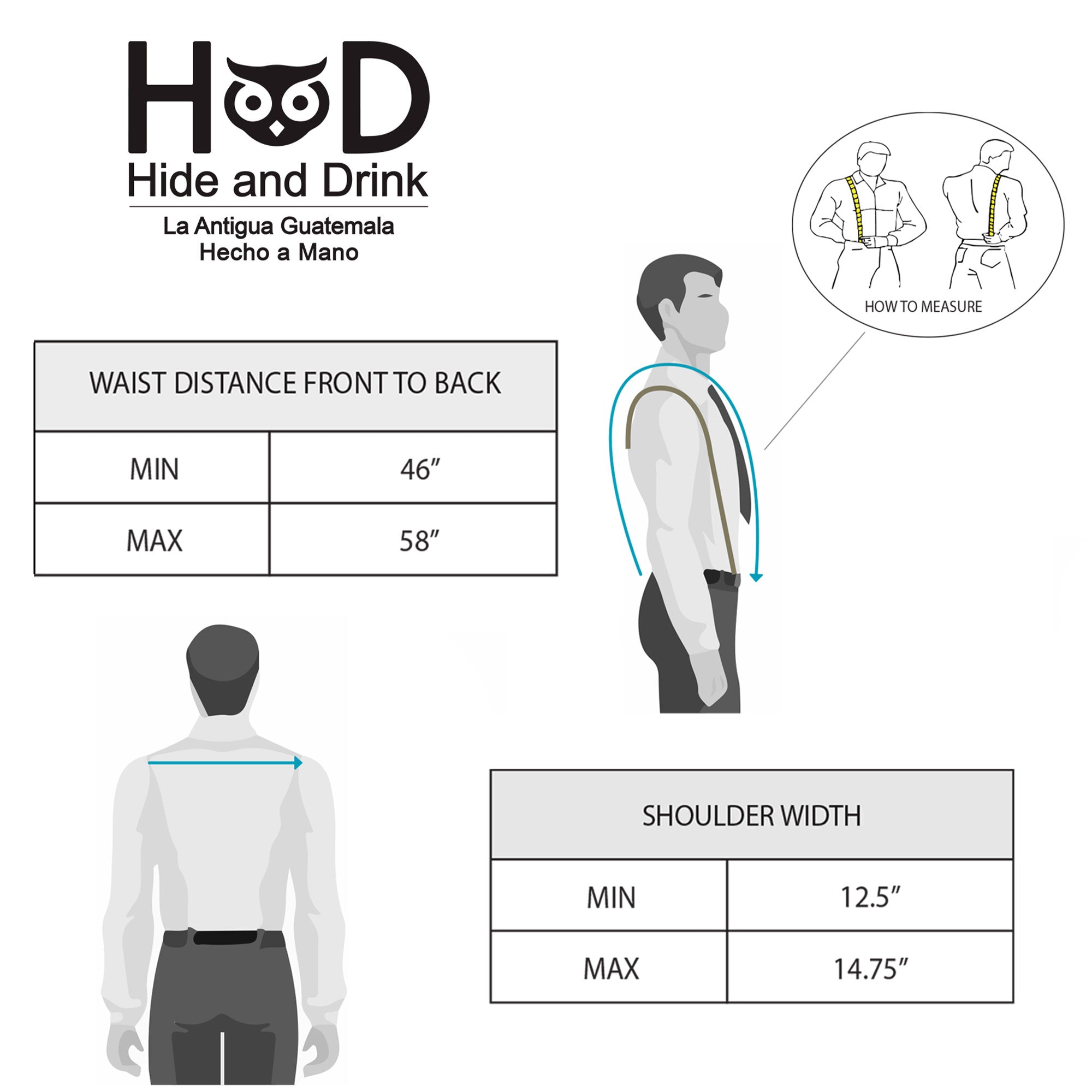 Measurement guide for tan Renaissance Suspenders by Hide & Drink, ensuring the perfect fit for groomsmen. These back support harness for men are artisan crafted, combining style and function.