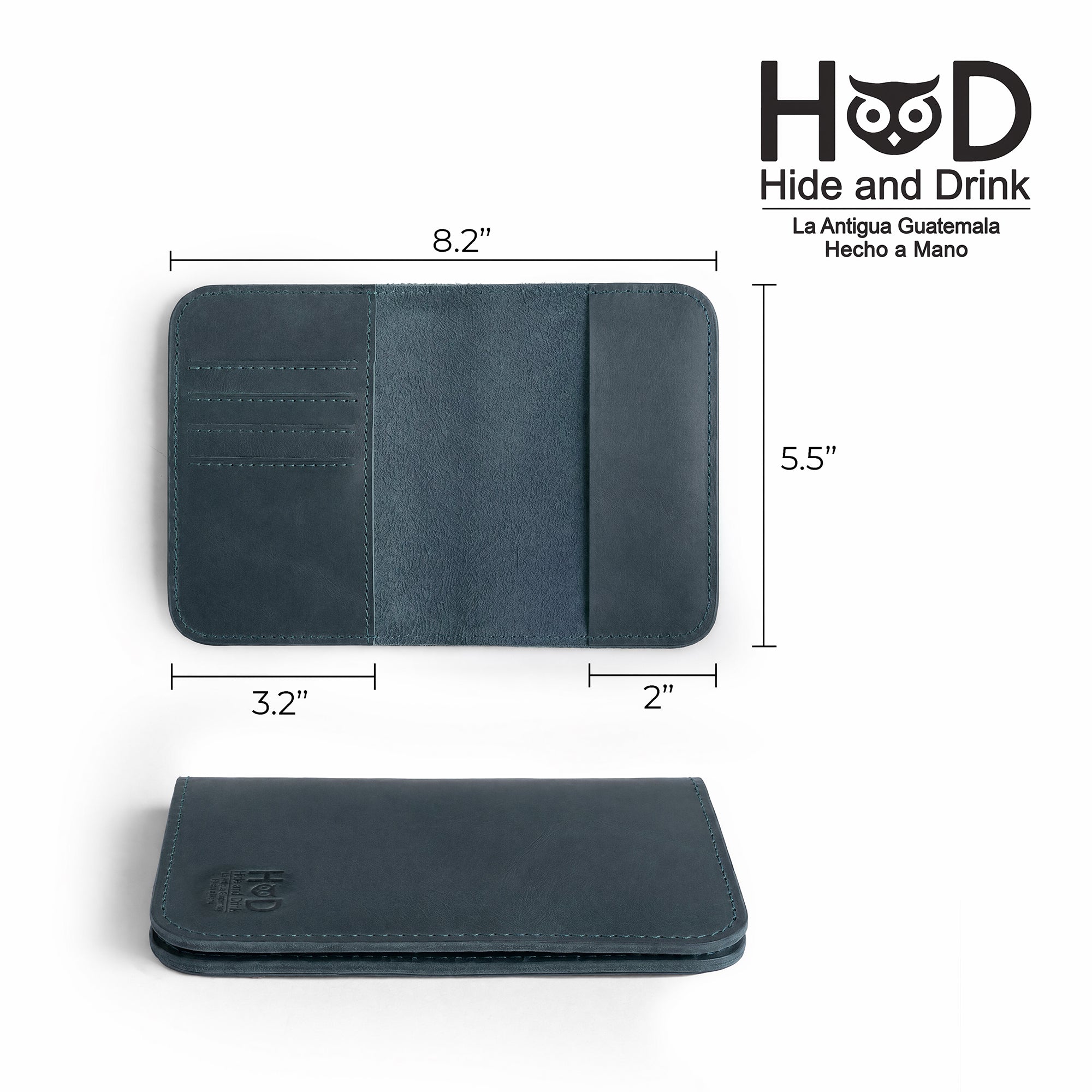 Elegant opening view of the Hide & Drink Travel Wallet displaying its card slots. This quality travel wallet functions as a bifold passport case, made from full grain leather in La Antigua Guatemala.