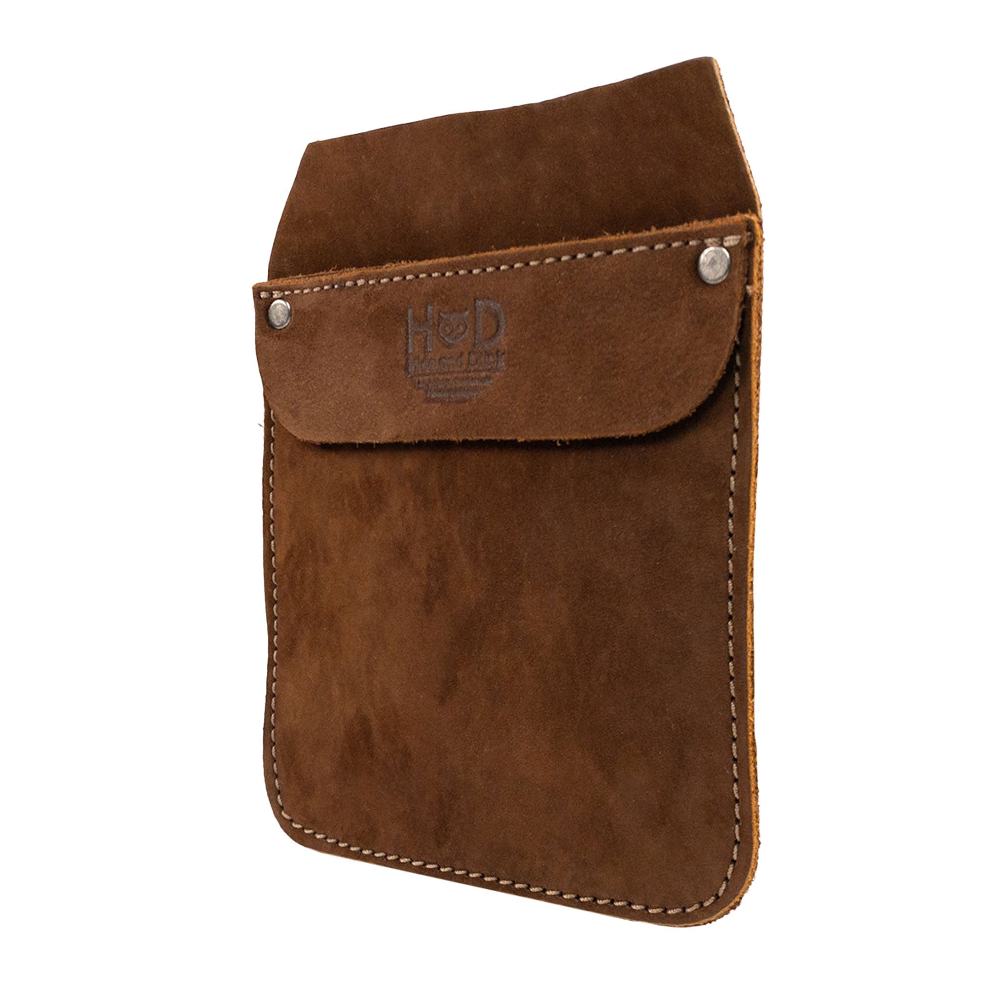 Hide & Drink Leather Work Pocket displayed upright, emphasizing its robust design. This Leather Work Pocket is ideal for holding office supplies and tools, crafted from premium Full Grain Leather to ensure lasting durability.