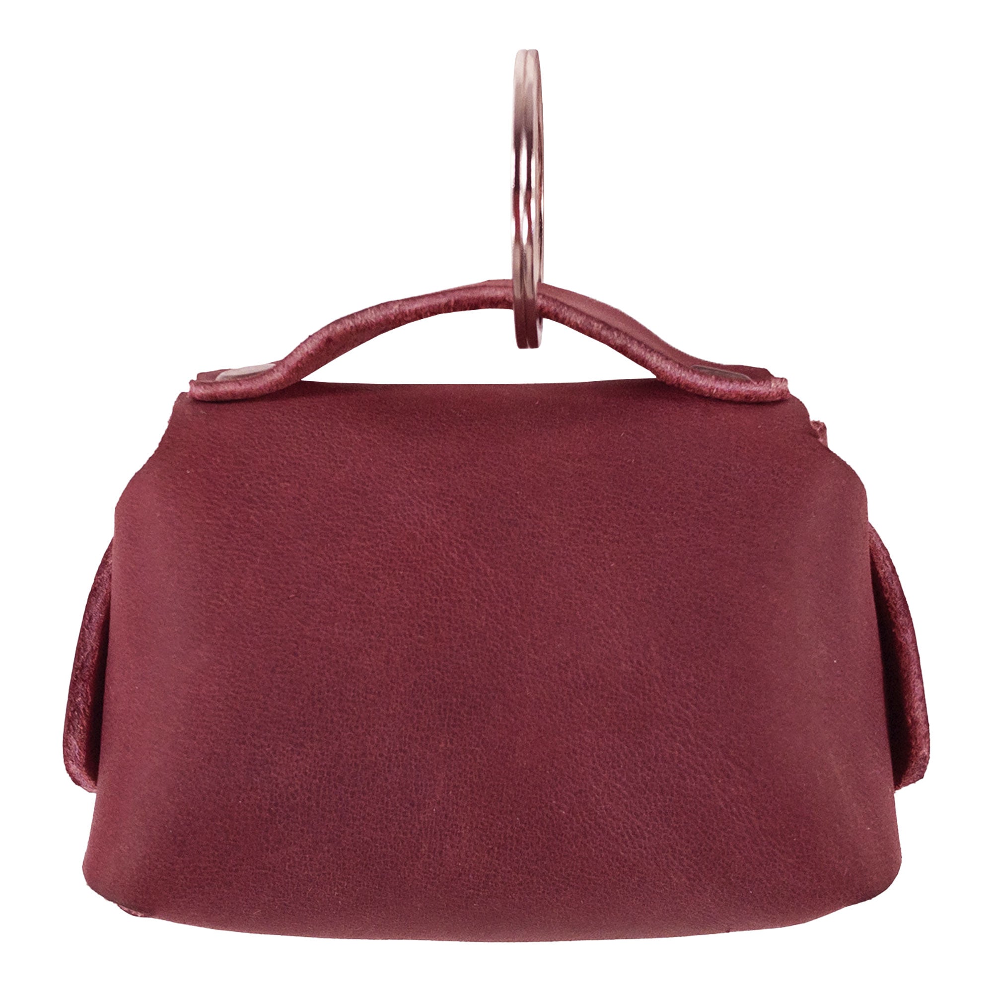 Back view of the Tiny Handbag Keychain by Hide & Drink, highlighting its unique Full Grain Leather texture and key ring holder. A true testament to artisan craftsmanship from La Antigua Guatemala, this keychain is both stylish and functional.