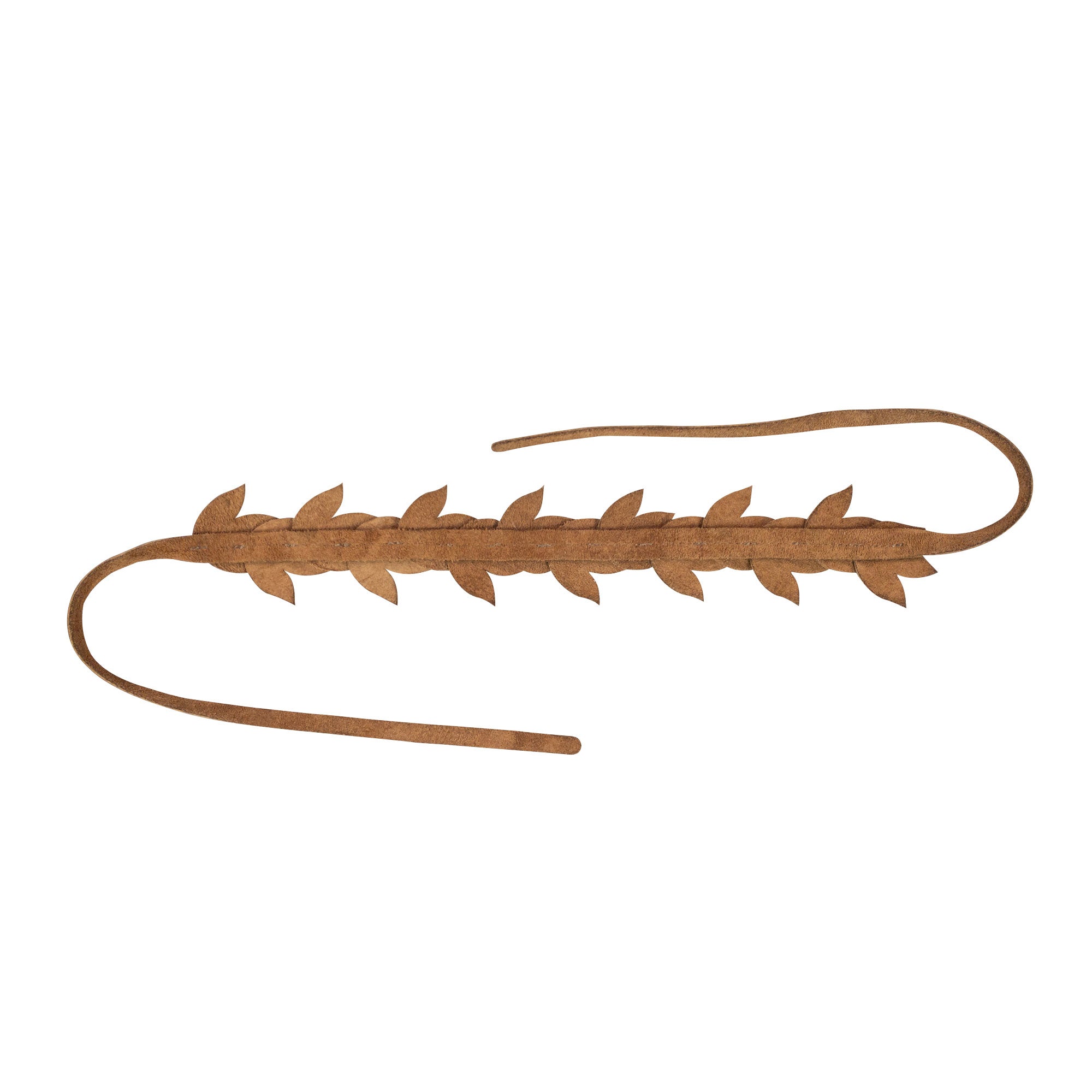 An overhead shot of Heather's Flowered Headband, this rustic hairpiece highlights its unique leather craftsmanship. Designed for women, this flower crown made of full grain leather is perfect for adding charm to any look. It represents small batch production and the skill of artisans from La Antigua Guatemala.