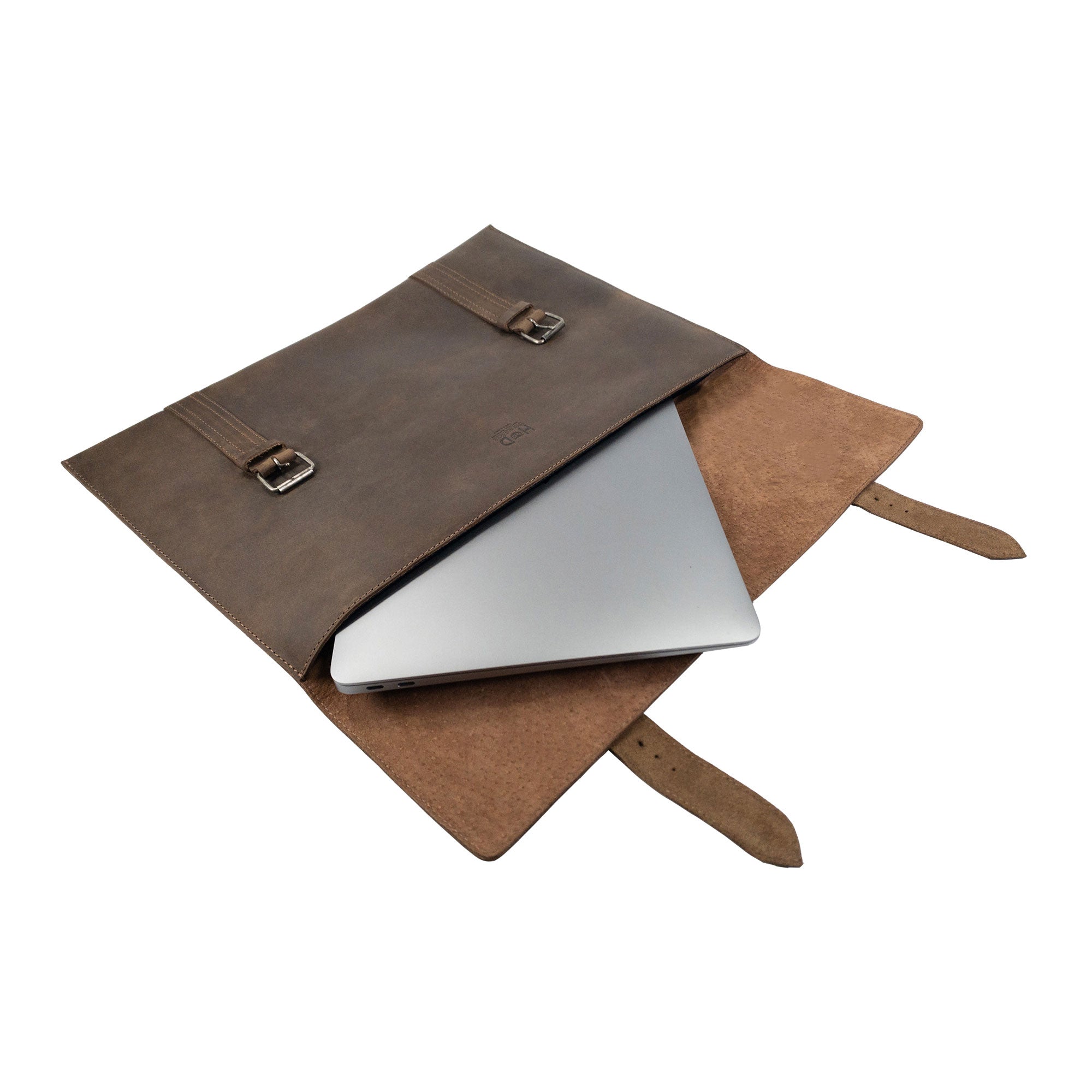 Open view of the Hide & Drink Portable Laptop Case with a laptop inside, showcasing the soft inner lining and full grain leather construction, perfect for safe transport, handmade with care and love.
