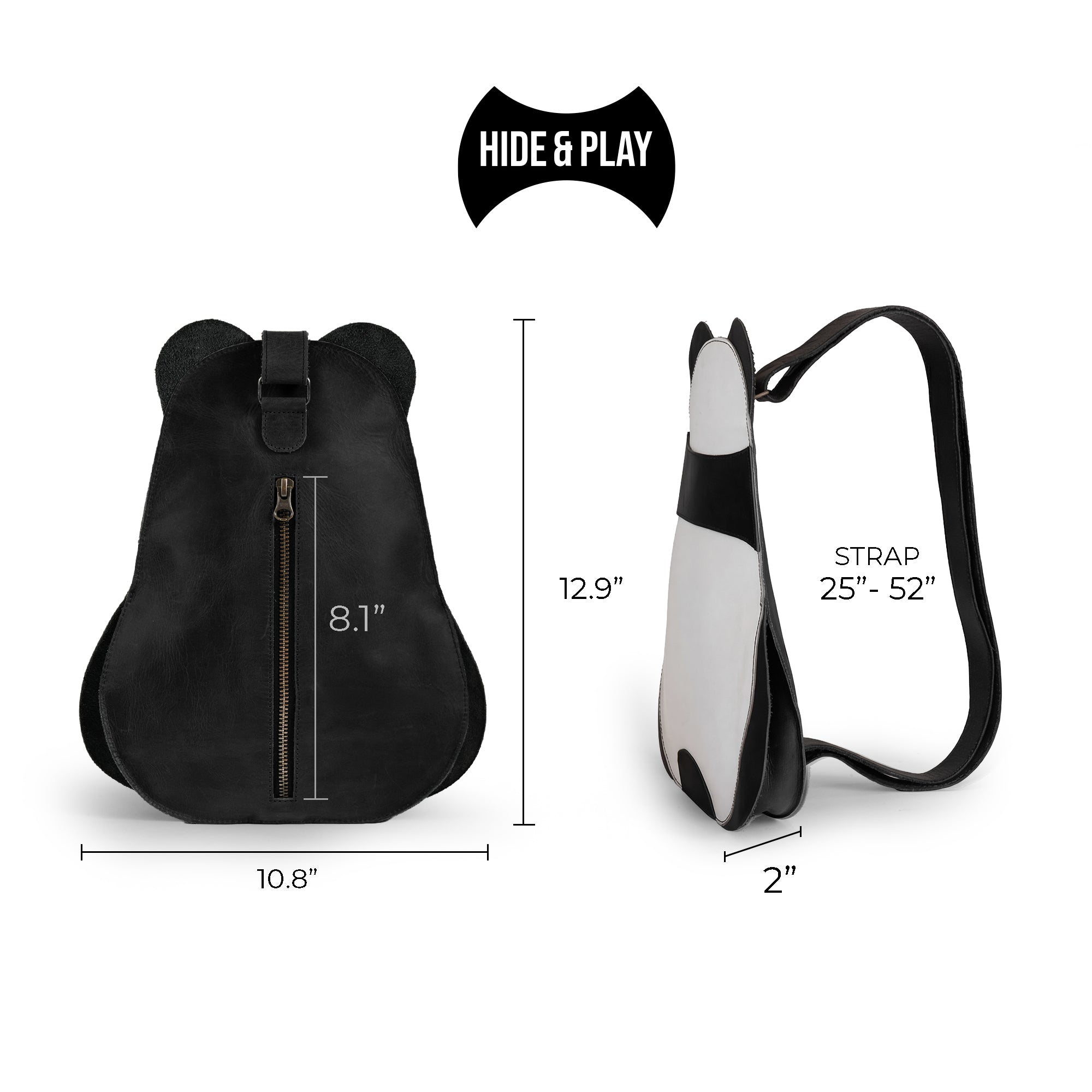 Specifications image detailing the dimensions of the Panda-Shaped Crossbody Bag by Hide & Play, highlighting its thoughtful design. Perfect for everyday use, made from high-quality full grain leather with small batch production in La Antigua Guatemala & Oaxaca Mexico.