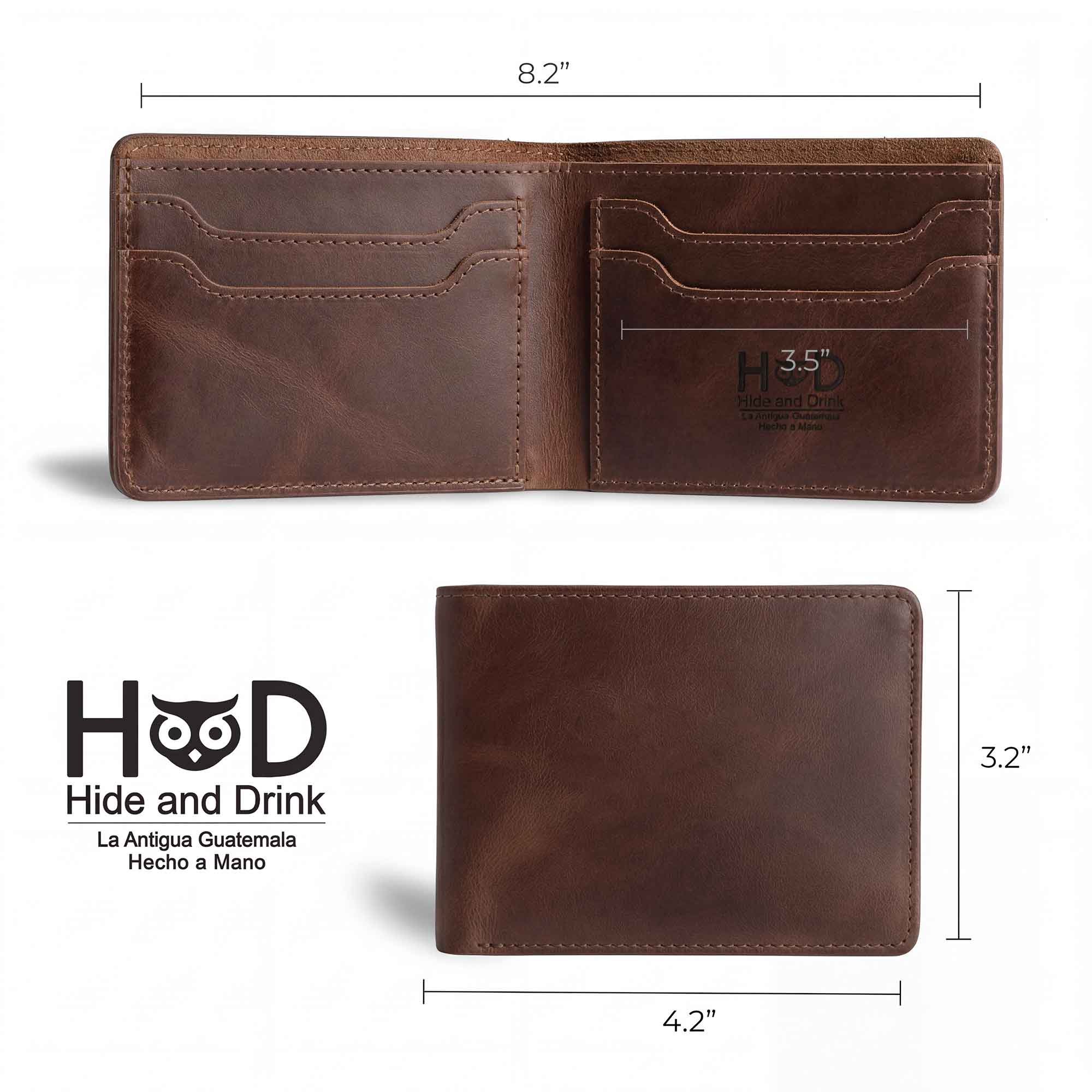 Measurement details of the Classic Wallet by Hide & Drink against a ruler, highlighting its dimensions. This Classic Bifold Wallet is made from Full Grain Leather, perfect as a storage case for identification. It's an essential travel accessory, crafted through artisan small batch production, hand cut and sewn in La Antigua Guatemala & Oaxaca Mexico.