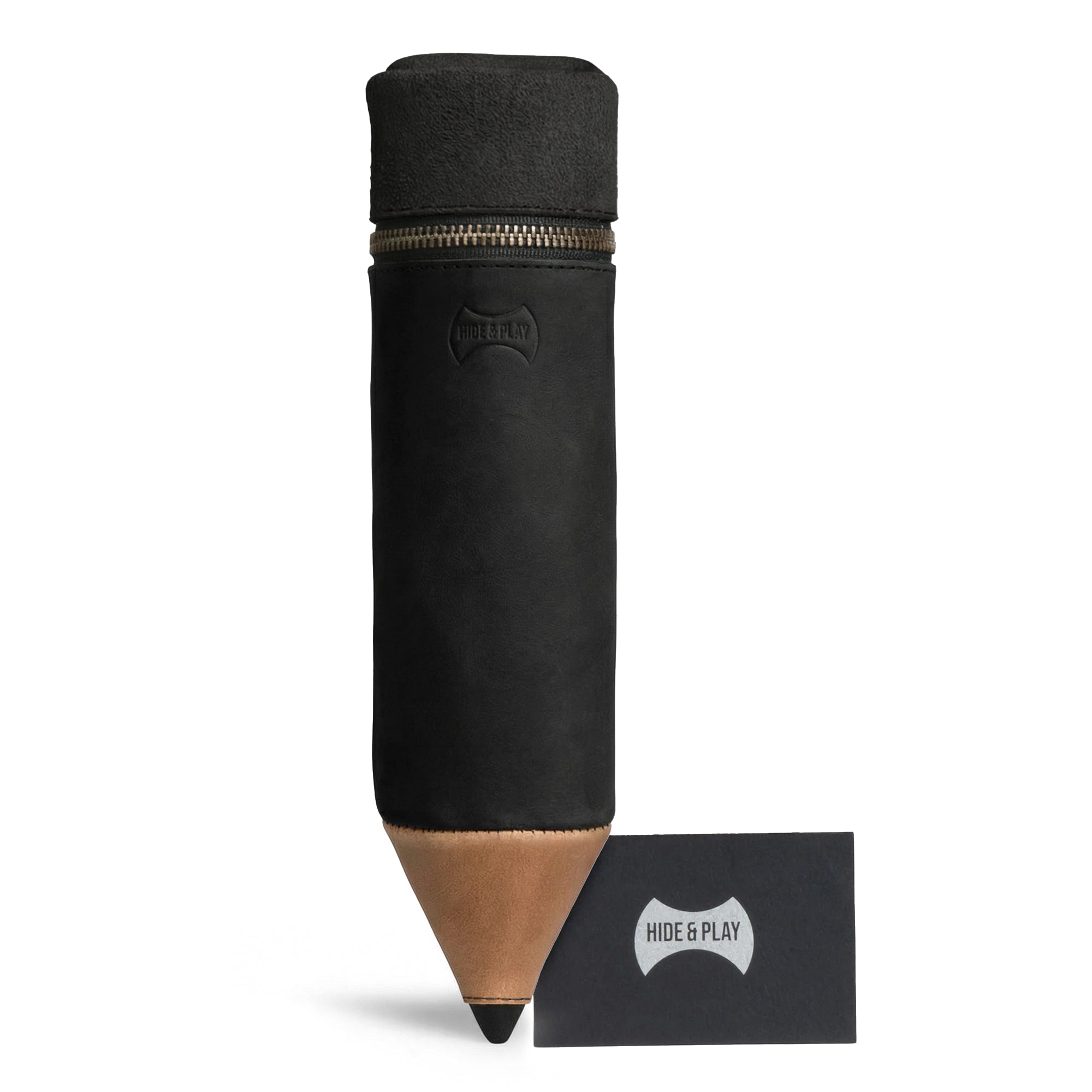Pencil-Shaped Case by Hide & Play displayed with its brand tag. This handmade zippered bag, made from full grain leather, is perfect for organizing pens, pencils, markers, and office accessories, showcasing the artisan craftsmanship from La Antigua Guatemala.