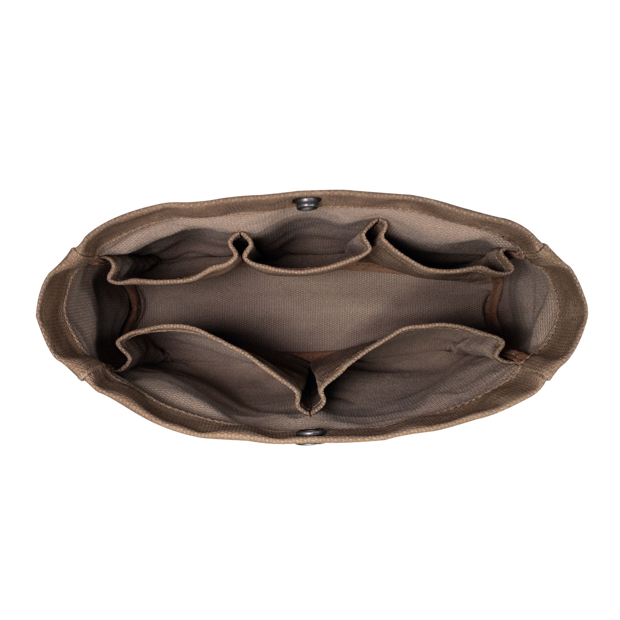 Dimensions of Heather's Purse Organizer Insert made of Waxed Canvas. The perfect travel accessory for organizing handbags, it combines artisan craftsmanship and functionality for seamless storage of essentials like cellphones and more.