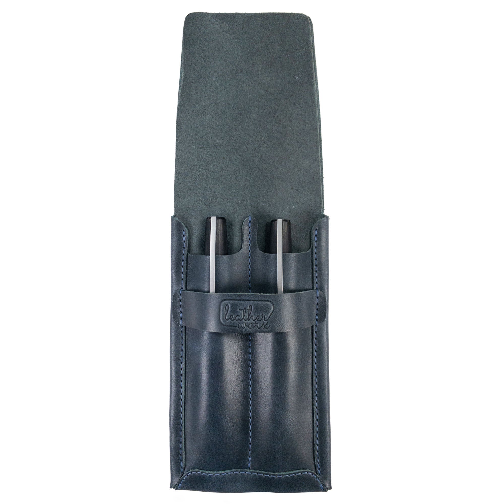 Leather Worx Double Pen Case made from Full Grain Leather, showcasing artisan craftsmanship with hand cut and hand sewn details. This small batch production item, fire branded, is handmade in La Antigua Guatemala. Perfect for stylishly organizing your pens.