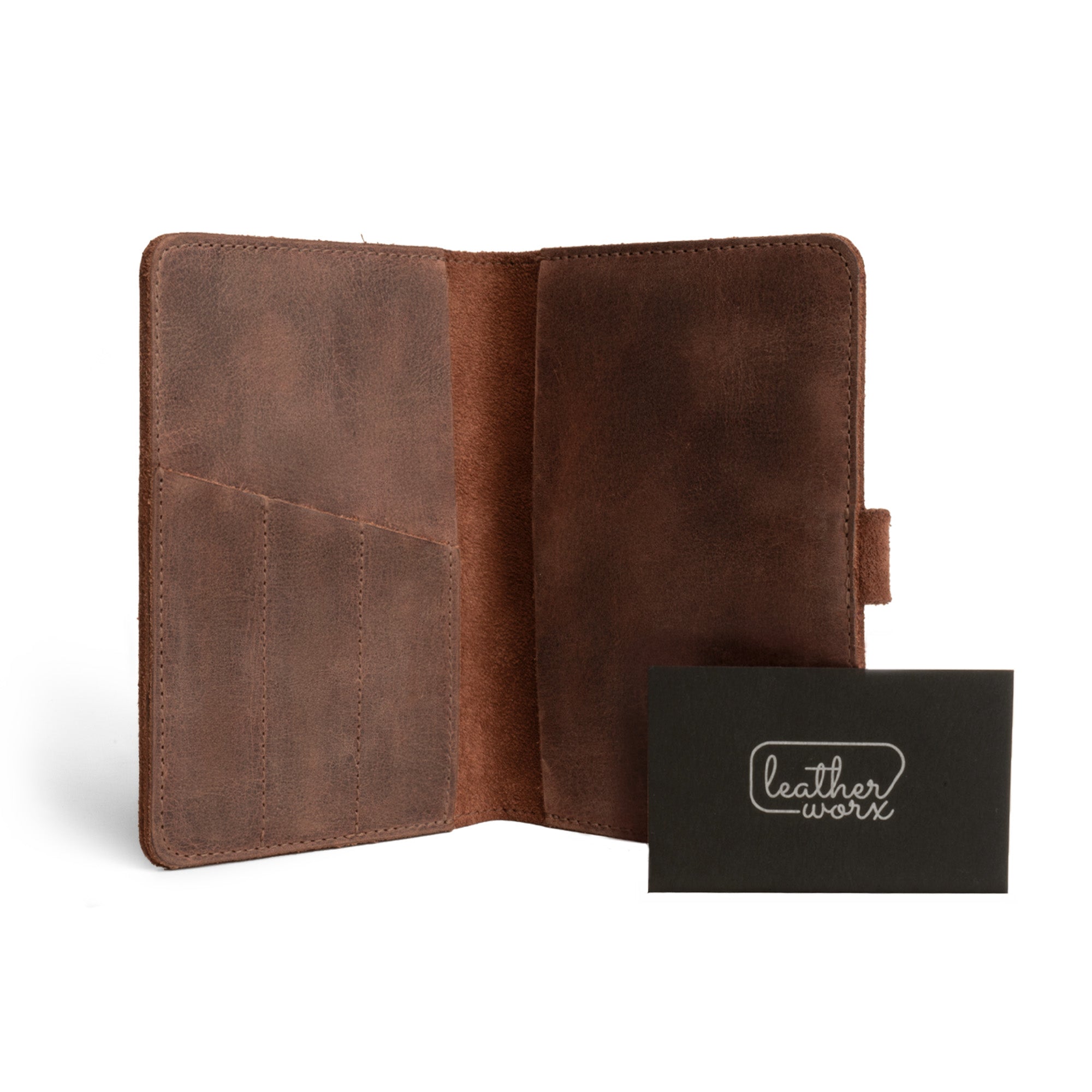 Open view of Leather Worx Field Notes Cover 3.5 x 5.5 in. Cover with Pen Slots, highlighting the interior features and pen slots. This Full Grain Leather Cover is perfect for Field Notes (3.5 x 5.5 in.) and functions as a stylish notebook case. Hand-cut and hand-sewn, it's made with care in La Antigua Guatemala and Oaxaca Mexico.