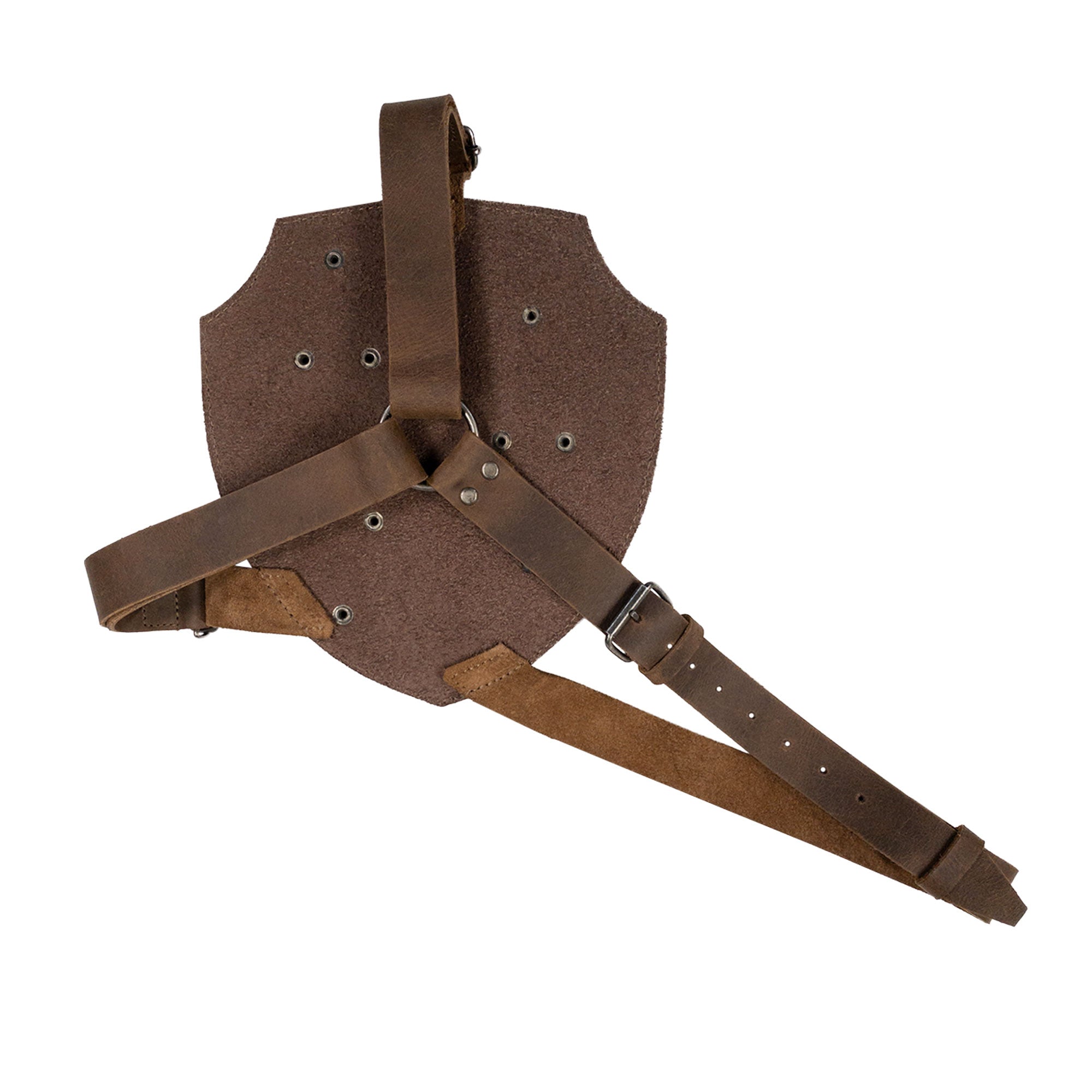 Back view of the Medieval Back Double Sword Shoulder Frog, illustrating its structured leather frame made by Valhalla Gear. This artisan-made accessory, suitable for knight cosplay, combines functionality with the beauty of full grain leather craftsmanship.