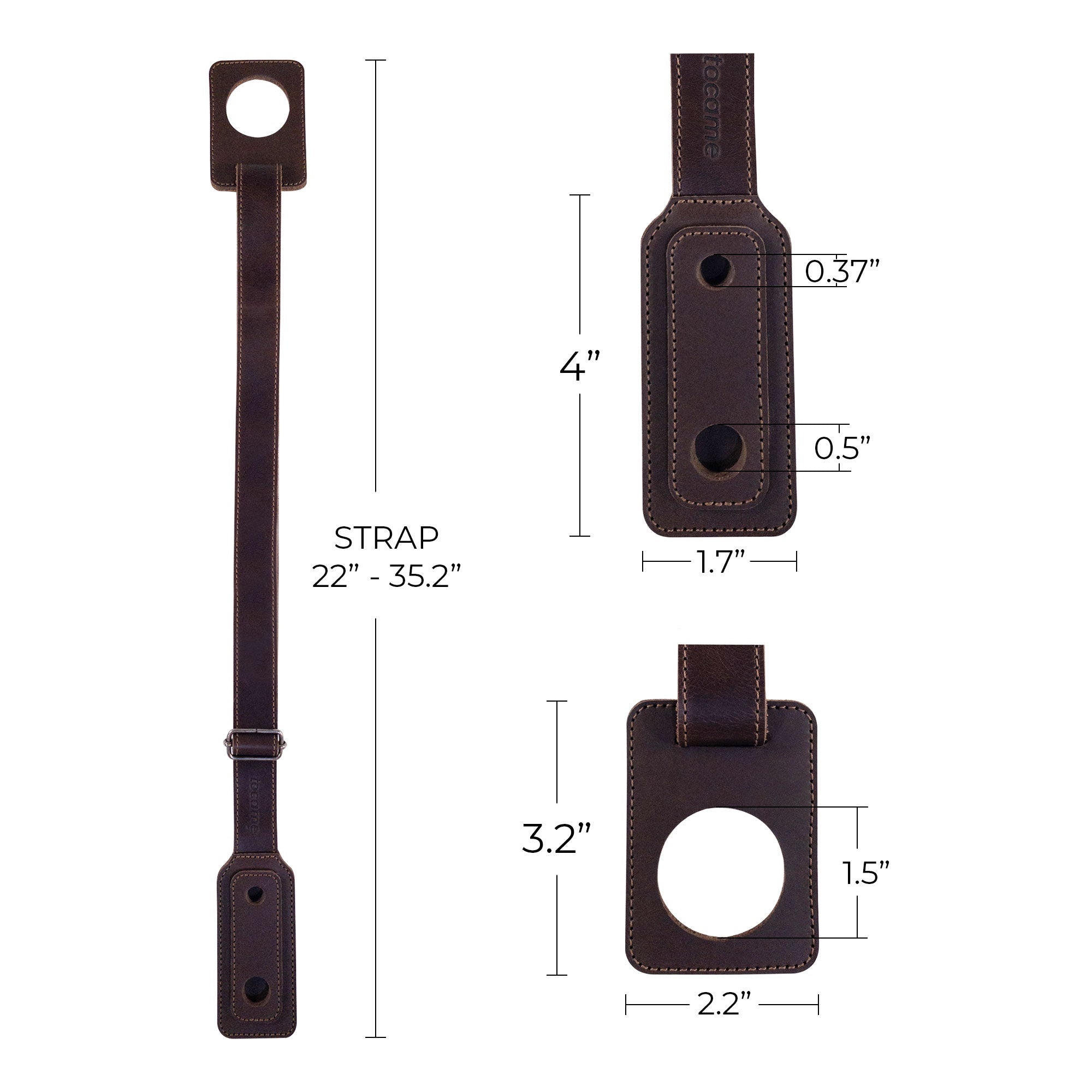 Technical specifications of the Cello Endpin Adjustable Strap Stopper by tocame, illustrating its dimensions and adjustable length. This key musician accessory made from full grain leather highlights artisanal craftsmanship from La Antigua Guatemala & Oaxaca Mexico, designed to deliver durability and style.