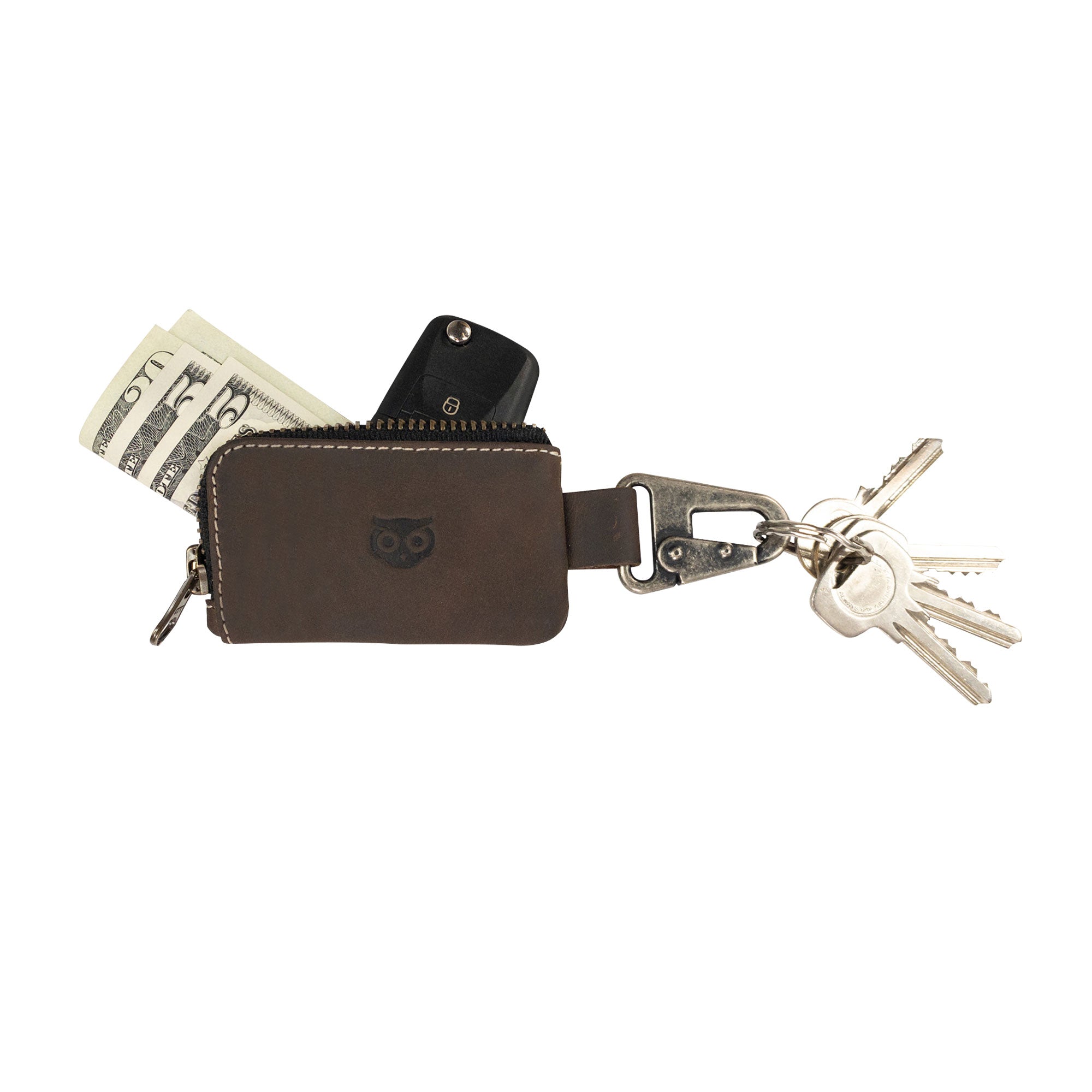 Stylish brown Car Key Holder by Hide & Drink, demonstrating features for securing keys, cash, and offering storage solutions for Headphone and charging Cables, Memory Cards, and Flash Drives. Crafted from Full Grain Leather and equipped with a Nickel Metal Clasp, showcasing artisan quality from Small Batch Production in La Antigua Guatemala & Oaxaca Mexico.