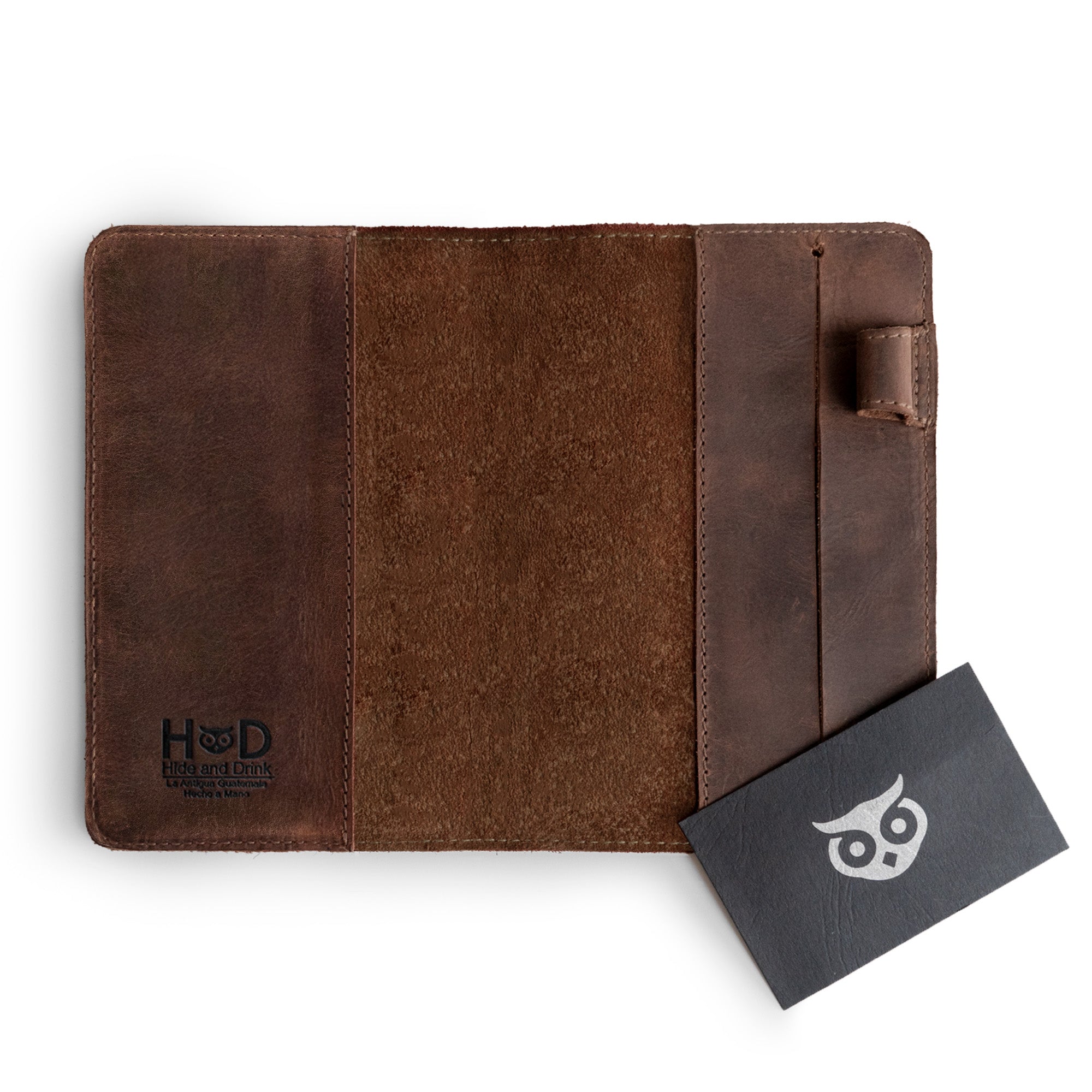 Leuchtturm A6 Hardcover Case by Hide & Drink, presenting the leather interior with an included notepad and additional card slot. Perfect as a Leather A6 Notebook Cover for Leuchtturm 3.6 x 5.9 in; ideal as a refillable mini planner case and travel journal cover for men, also great for Moleskine & Hobonichi, and a travelers pocket portfolio binder.
