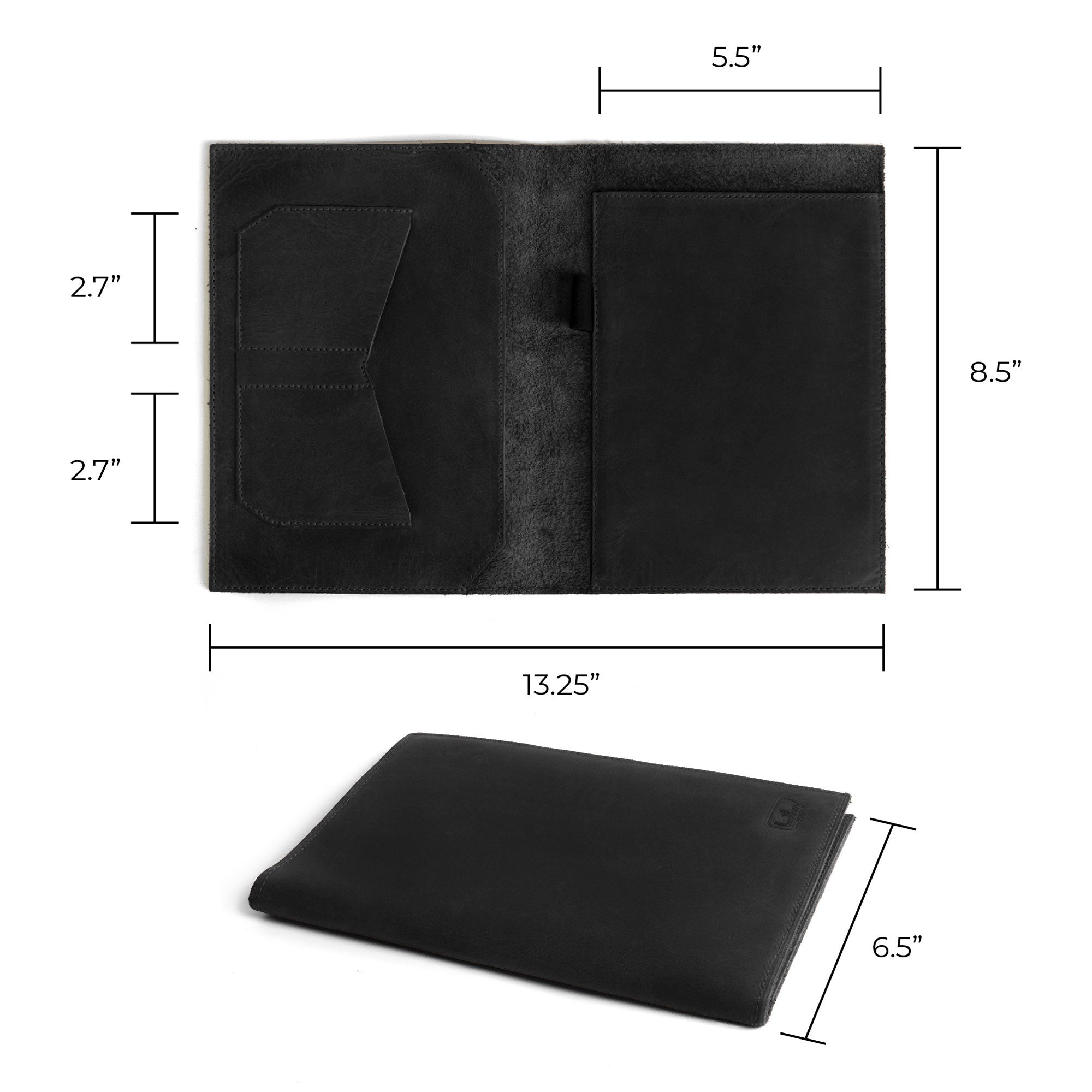 Dimensions of the black Leather Worx Notepad Case 5 x 8 In. displayed alongside its sleek design and functional pockets layout. Notepad Cover (5 x 8 In. Notepad Not Included) Sturdy, Durable Material Perfect for Storing Journal, Full Grain Leather, StockyardX, Small Batch Production, Hand Cut, Hand Sewn, Fire Branded, Artisan, Handmade in La Antigua Guatemala & Oaxaca Mexico.