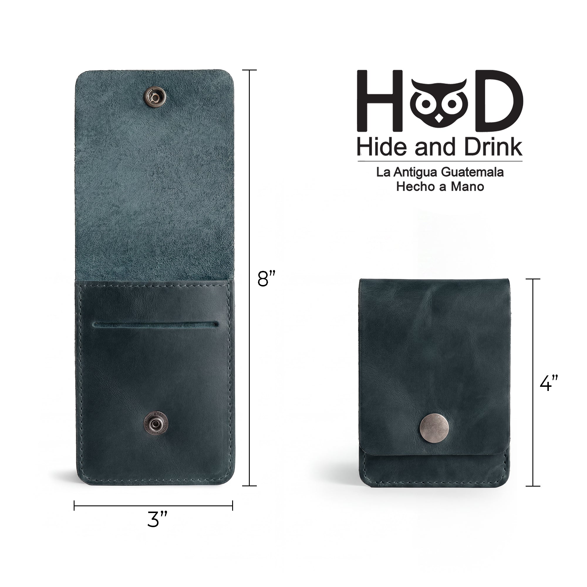 Dimensions of the blue Vertical Wallet by Hide & Drink showing its utility for front pockets. This Vertical Front Pocket Wallet with Card Slot delivers compact storage for cash and cards, crafted from resilient full grain leather through small batch production methods, hand cut, and hand sewn with fire branding added for authenticity. Handmade in La Antigua Guatemala & Oaxaca Mexico.