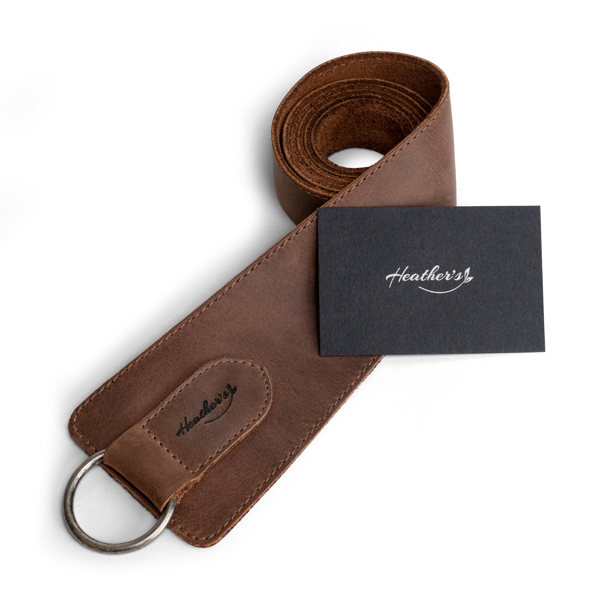 Heather's Formal Belt for Women with Ring, beautifully packaged with a card. The Full Grain Leather waist strap is a must-have belly accessory, showcasing the artisan's hand cut and fire branded craftsmanship in La Antigua Guatemala.