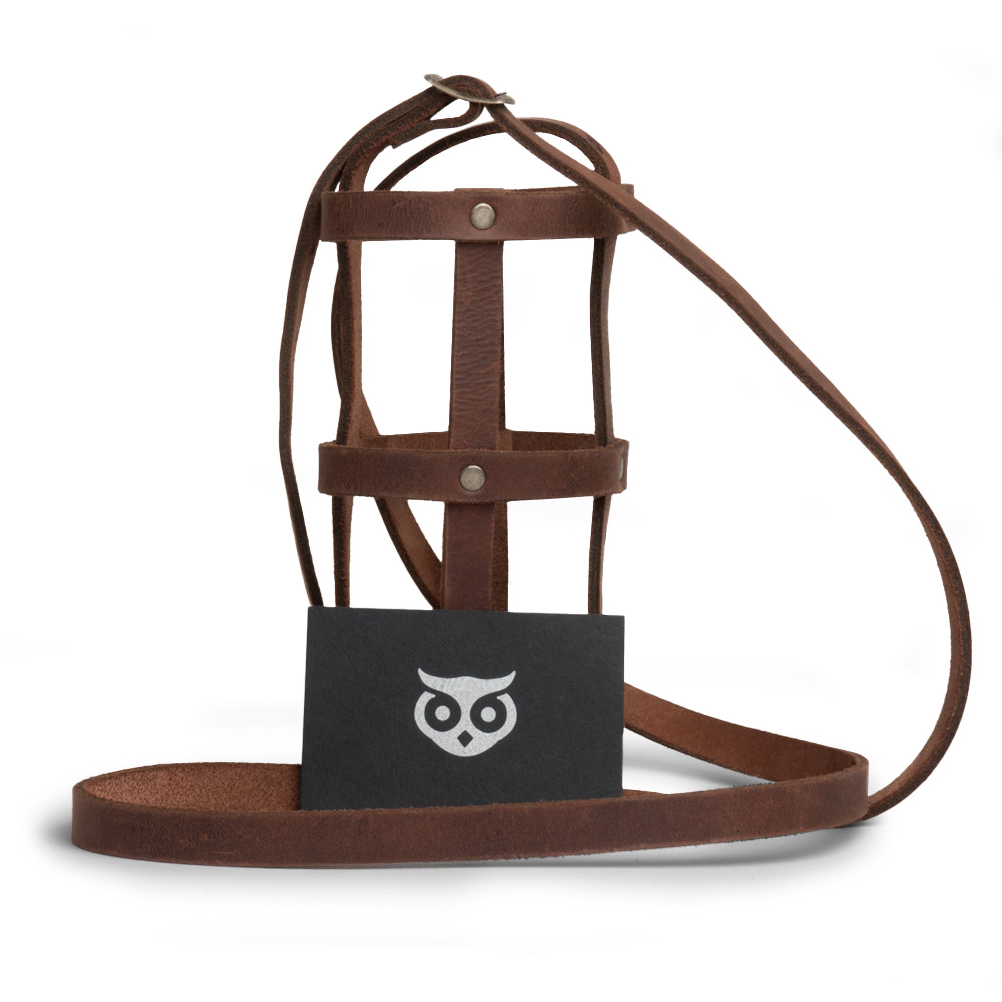 Image of the Hide & Drink Water Bottle Holder alongside a product card. This Rustic Leather Water Bottle Holder With Adjustable Strap is designed for 2.5 in. diameter bottles. The durable and stylish holster is hand cut and sewn, reflecting small batch production standards, handmade in La Antigua Guatemala & Oaxaca Mexico.