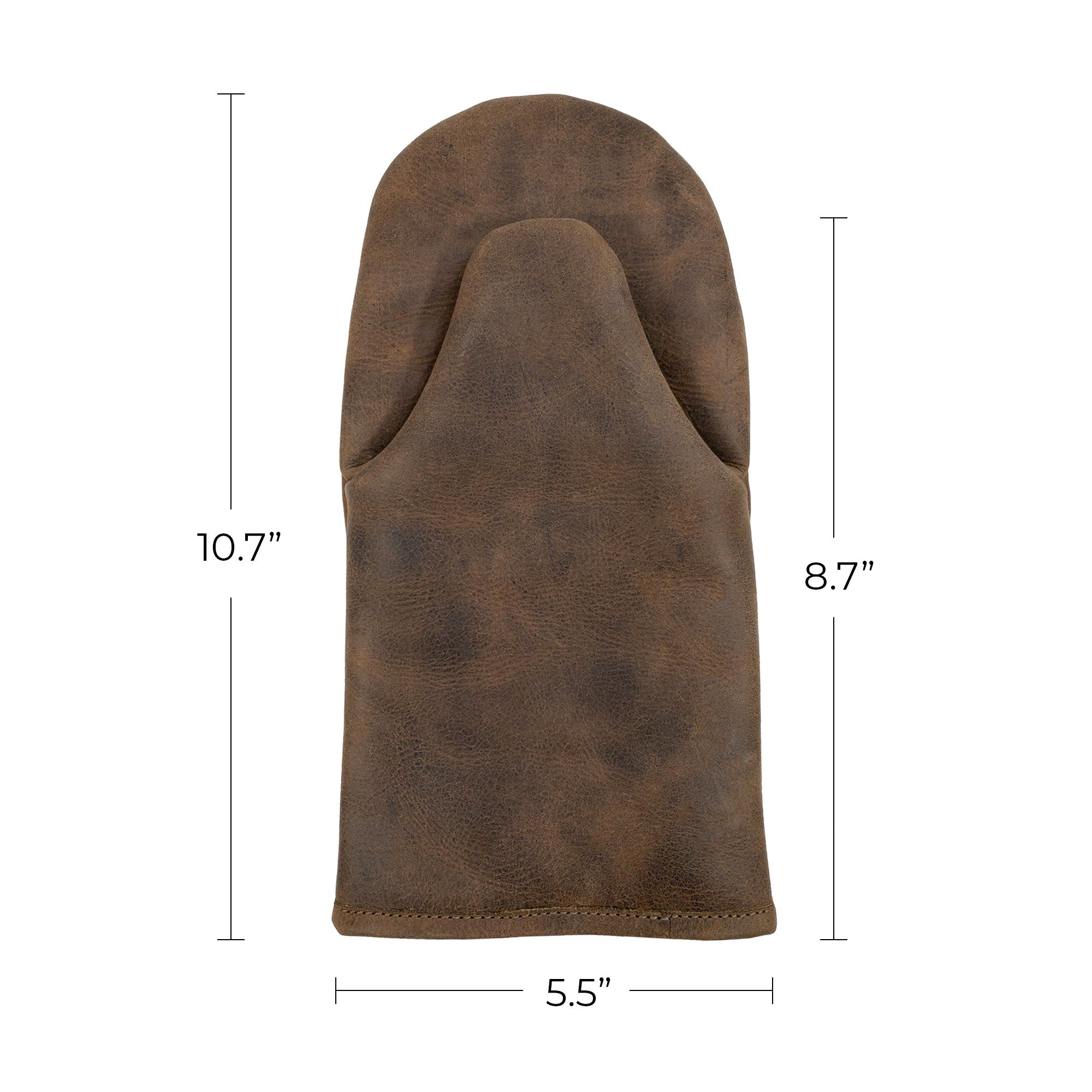 Dimensions of the Cast Leather Co. Oven Mitt Heat Resistant showcased with measurements. This Single Oven Mitt Glove Heat Resistant is essential as a potholder for your kitchen, made from durable full grain leather. It highlights StockyardX's focus on small batch production and the fine hand cut and hand sewn craftsmanship, featuring authentic artisan work from La Antigua Guatemala & Oaxaca Mexico.
