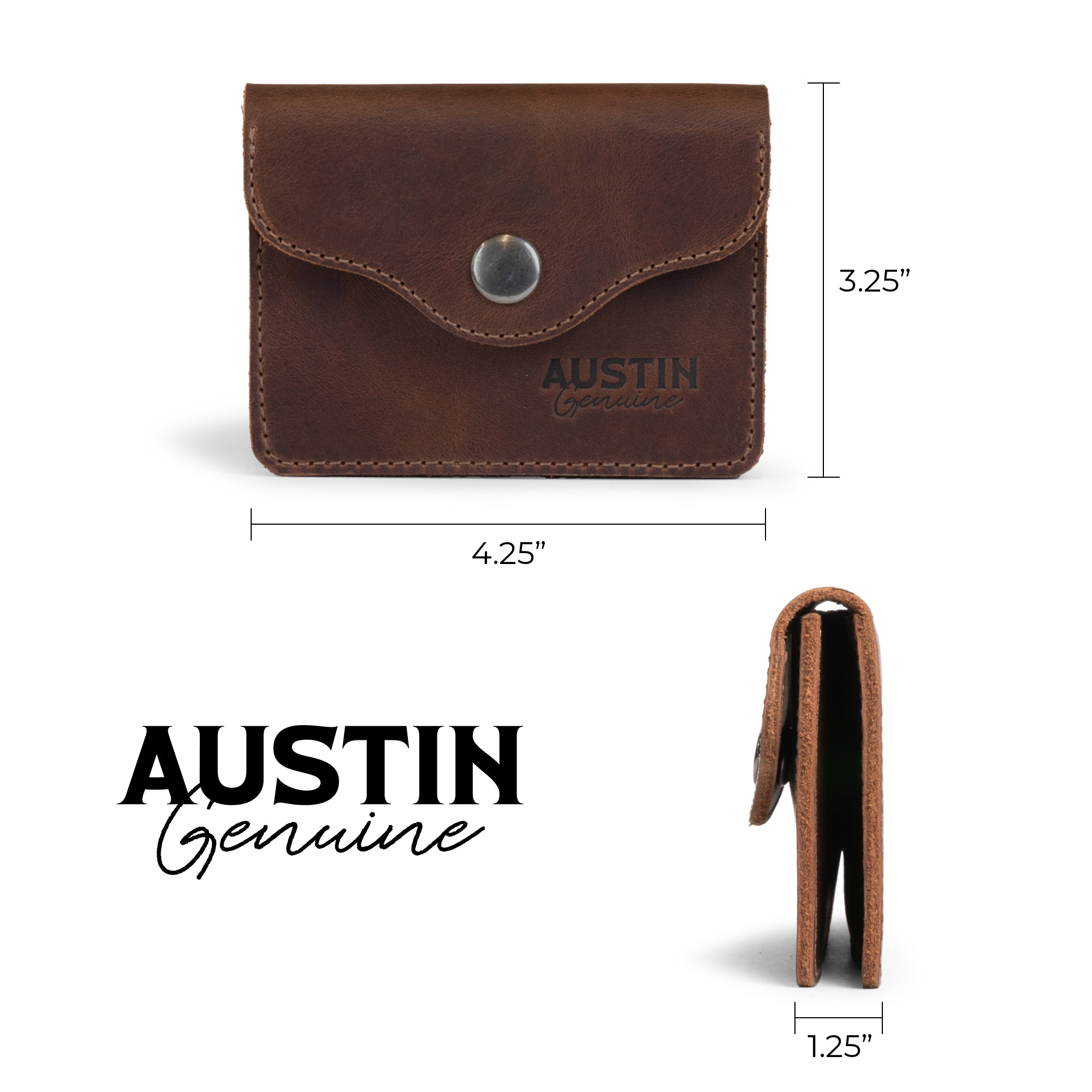 Dimensions of The Hyde Card Wallet by Austin Genuine displayed alongside its full grain leather finish, reflecting the meticulous hand sewn construction by artisans in La Antigua Guatemala & Oaxaca Mexico.