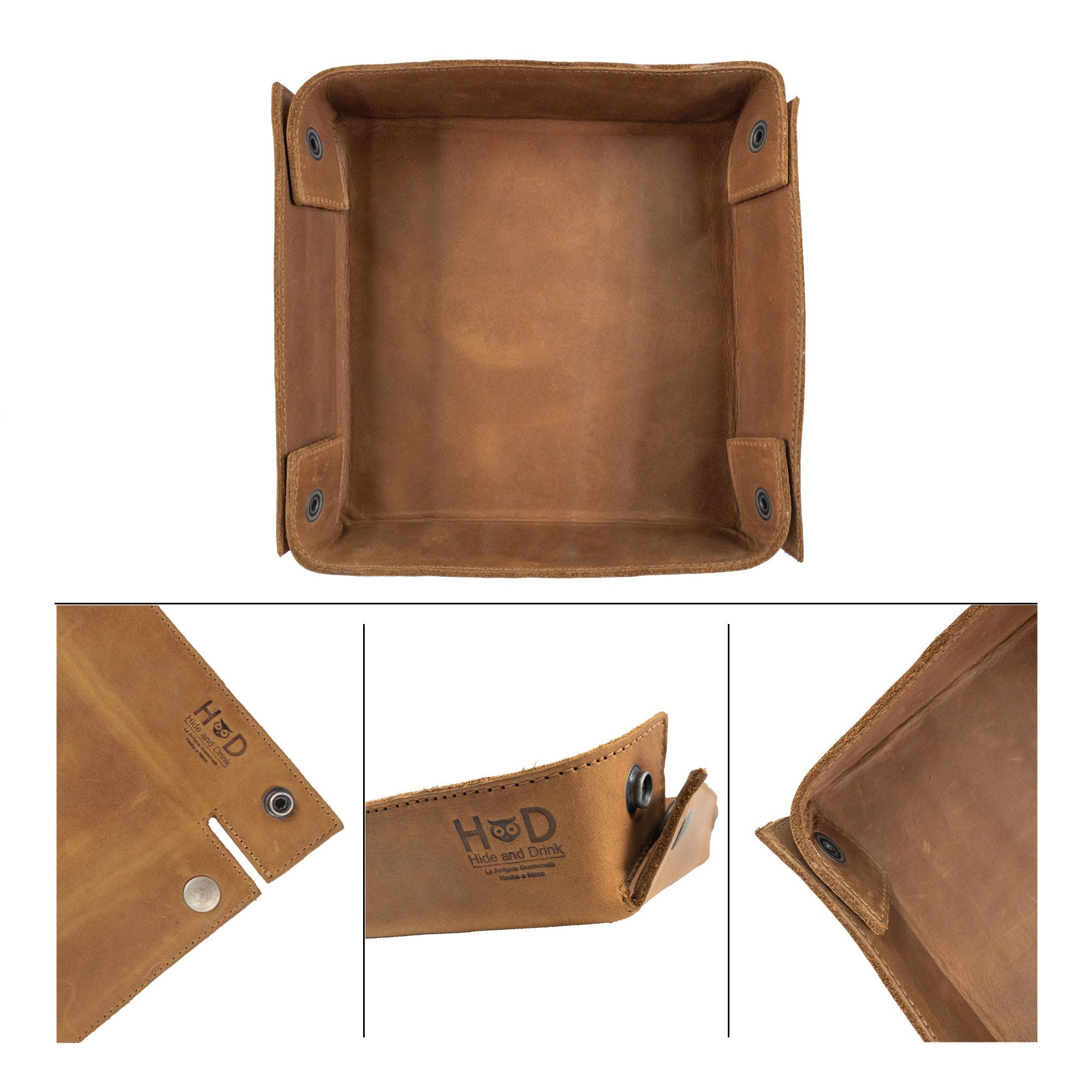 Hide & Drink Jumbo Tray crafted from high-quality full grain leather, perfect for organizing small essentials. This durable catchall tray emphasizes artisan craftsmanship from La Antigua Guatemala.