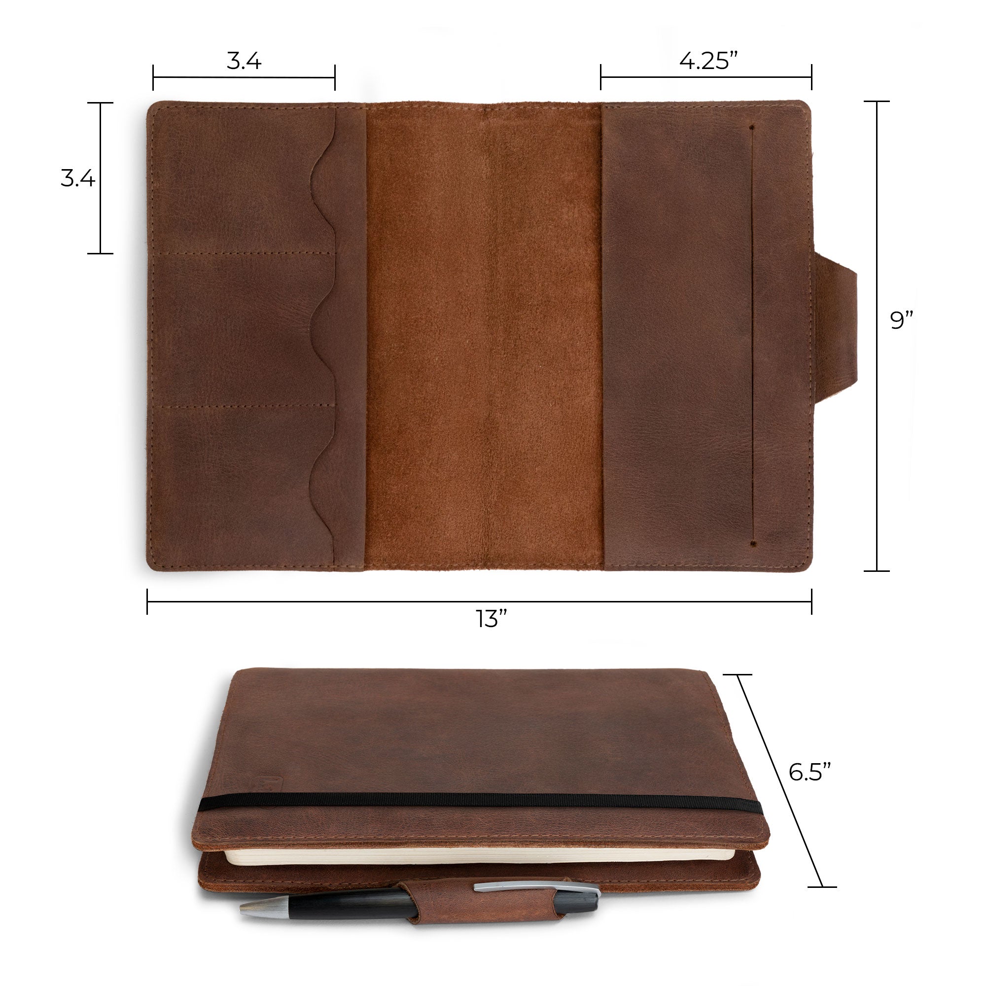 A5 Notebook Cover with Card Slots by Leather Worx, illustrating dimensions for practical use. This rustic cover for Leuchtturm A5 Notebook with Card Slots (Notebook Not Included) represents minimalist design in full grain leather. StockyardX, small batch production, hand cut, hand sewn, fire branded, and artisan-made in La Antigua Guatemala.