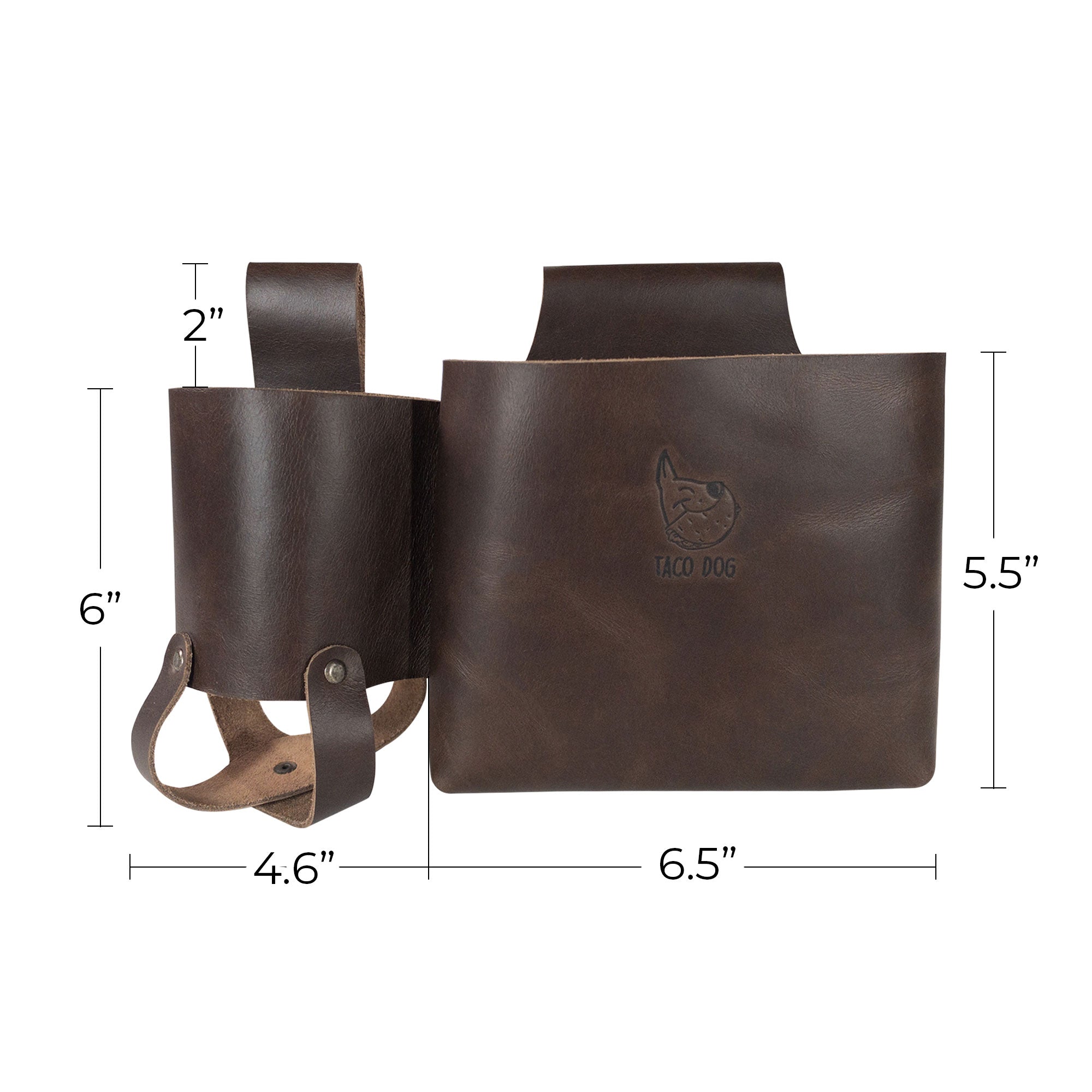 Dimensions of the Taco Dog Dog Treat Bag with Bottle Slot are shown, highlighting its practical design for dog training. This Dog Treat Pouch with Bottle Slot is not just functional but stylish, making it the perfect Treat Bag for Pet Training. Made from Full Grain Leather, this product emphasizes Small Batch Production while being Hand Cut, Hand Sewn, and Fire Branded, showcasing the artisan skills behind its creation, proudly Handmade in La Antigua Guatemala & Oaxaca Mexico.