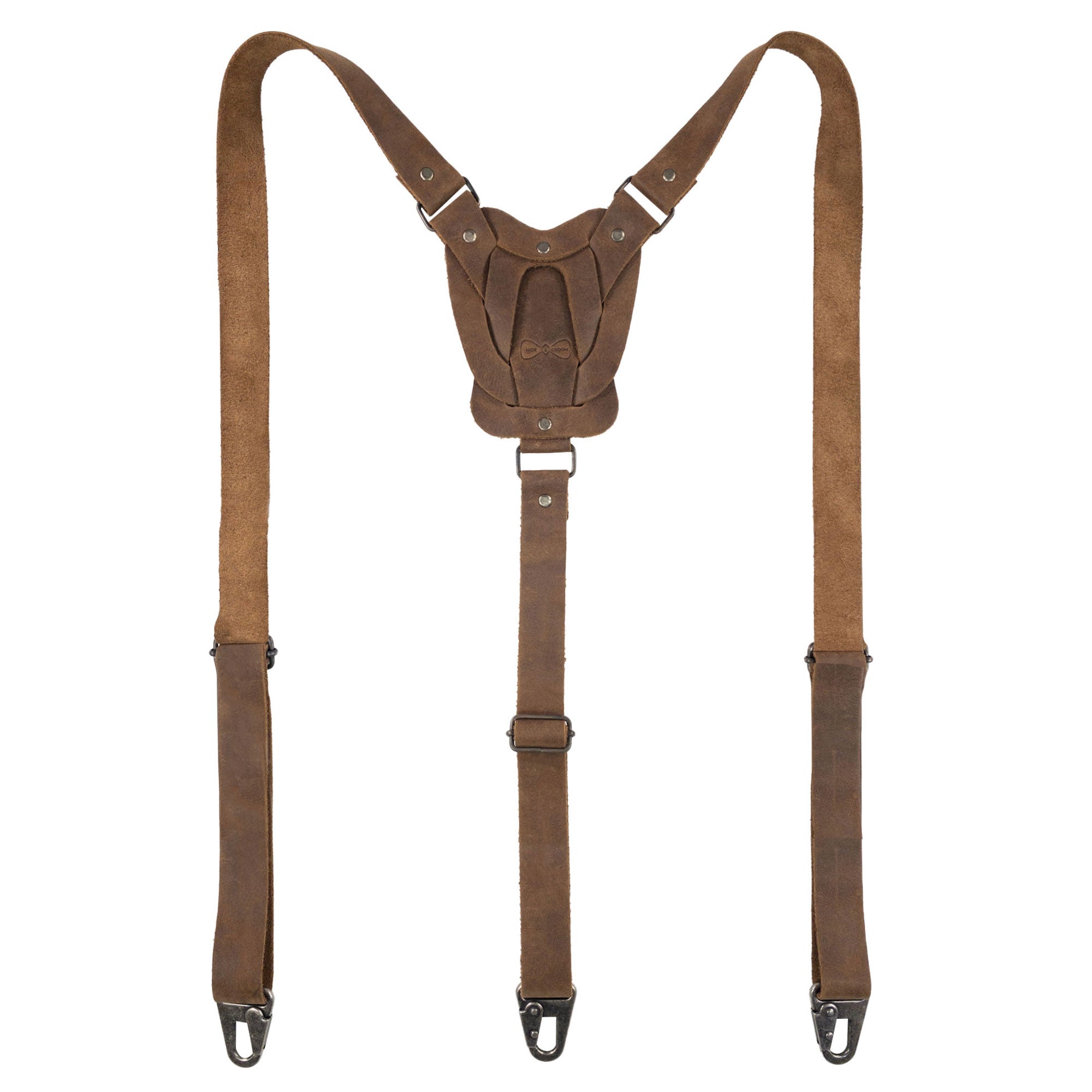 Front view of the Rustic Suspenders with Adjustable Size Straps for Men by Hide & Groom, made from durable Full Grain Leather. Ideal accessory for weddings and Steampunk outfits, these handmade suspenders feature artisan craftsmanship and small batch production.