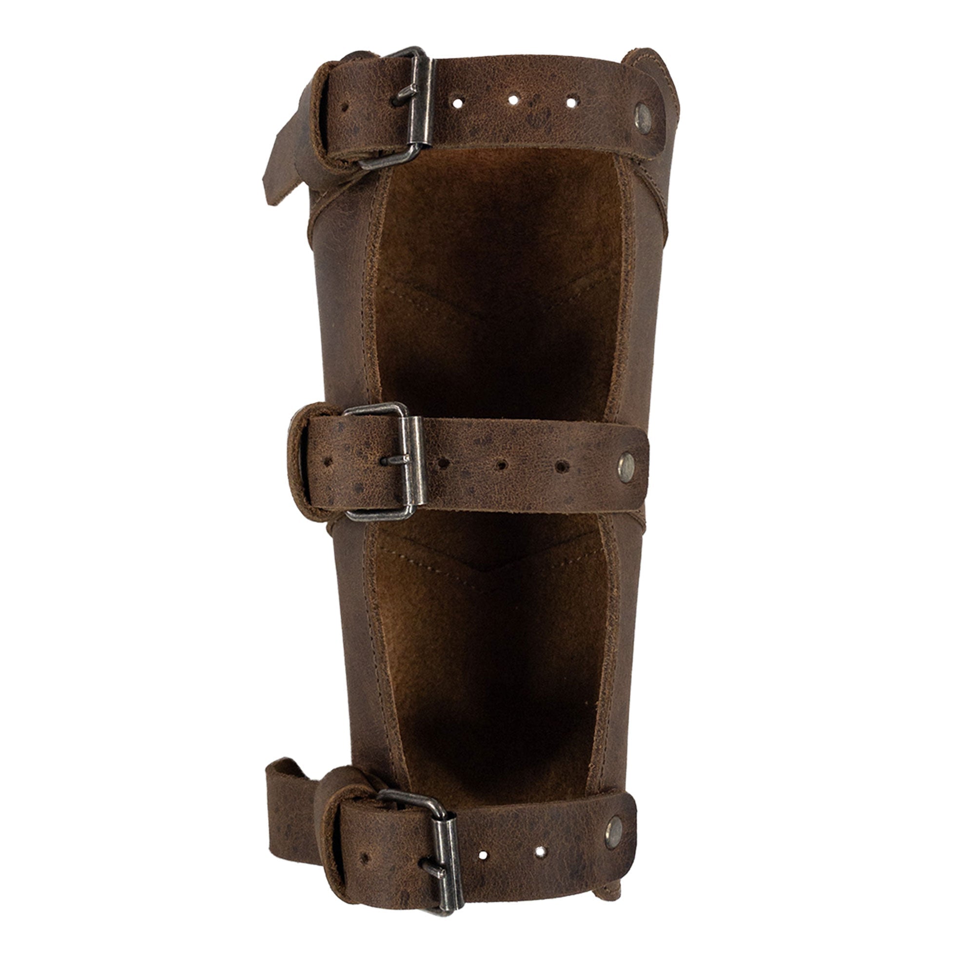An interior view of the Valhalla Gear Forearm Protector for Bow Shooting Practice, showing the three adjustable buckle straps for a secure fit. This Female Archery Bracer, made from sturdy full grain leather, is designed for ultimate comfort in archery and cosplay settings, showcasing artisan quality from small batch production in La Antigua Guatemala.