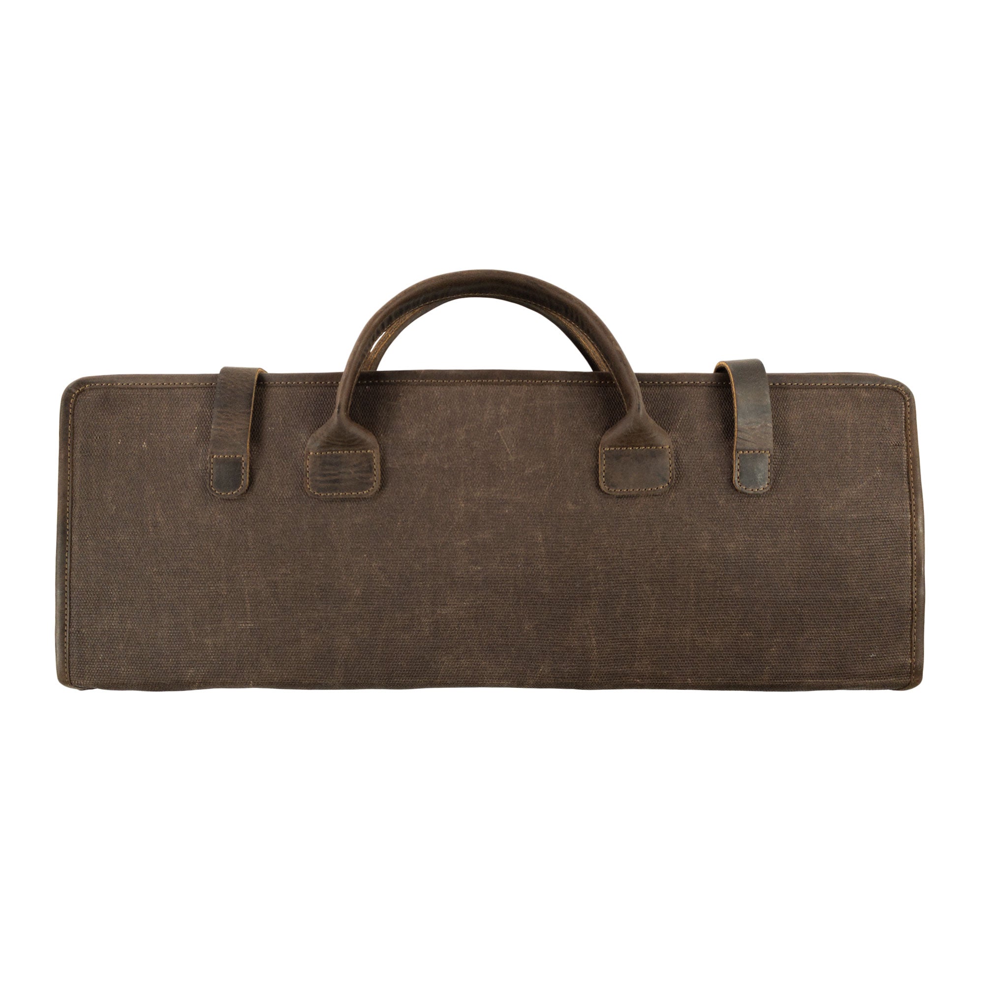 Back view of Cast Leather Co. Grill Tool Holder (Tools NOT included), featuring sturdy handles for easy transport of BBQ grilling accessories. This carry bag, made from full grain leather and waxed canvas, is perfect for camping set storage. Each holder is hand cut, hand sewn, and fire branded by artisans in La Antigua Guatemala and Oaxaca Mexico.