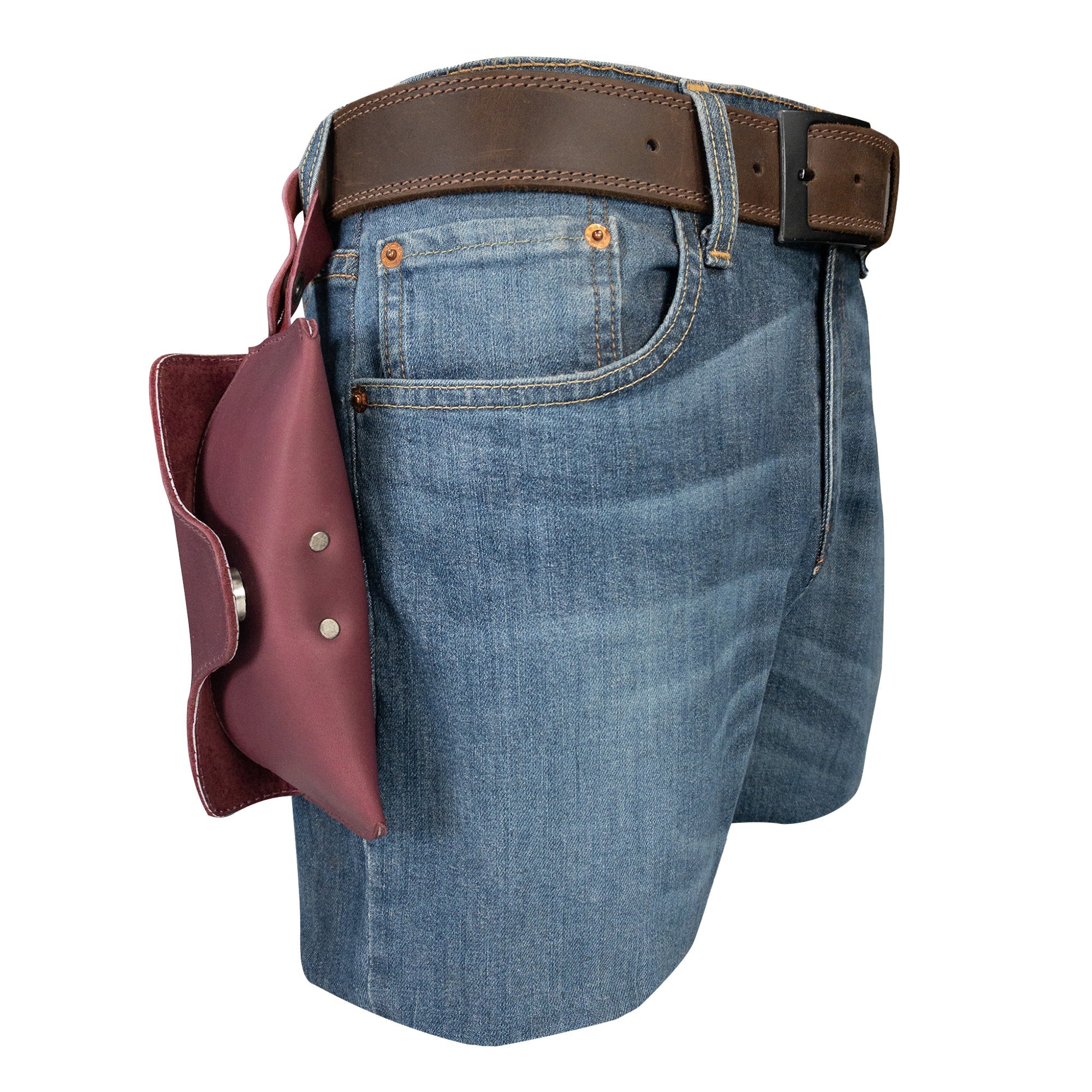 Eyeglasses Case with Strap by Hide & Drink worn on a belt, illustrating everyday utility. Crafted from durable full grain leather, this sunglasses case provides protection for eyewear with artisan quality made in La Antigua Guatemala & Oaxaca Mexico.