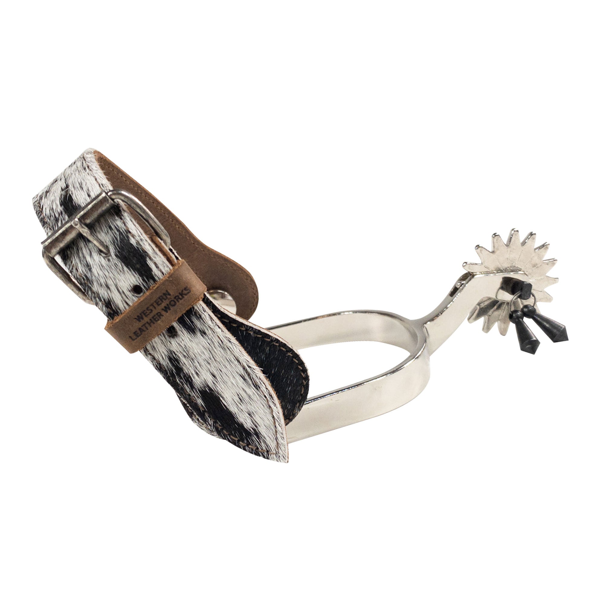 Another angle of a durable spur featuring a stylish hair-on-hide strap by Western Leather Works. This Spur Straps (2 Pack) is designed for practical use during horse rides, showcasing artisan craftsmanship and full grain leather.