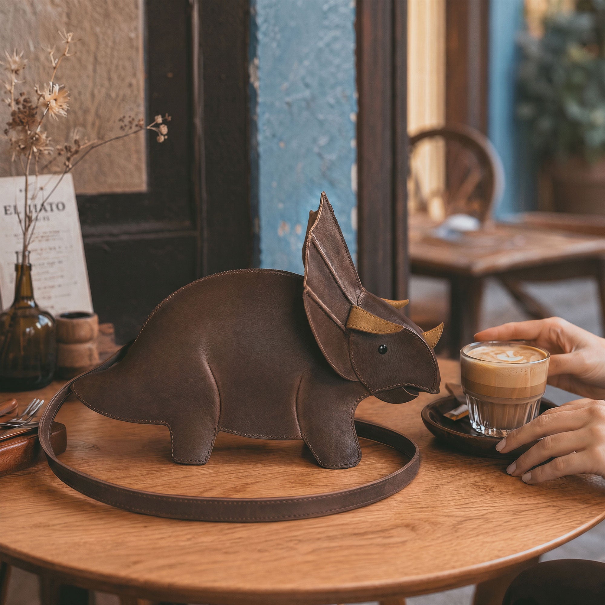 Leather Dinosaur Triceratops Crossbody Bag