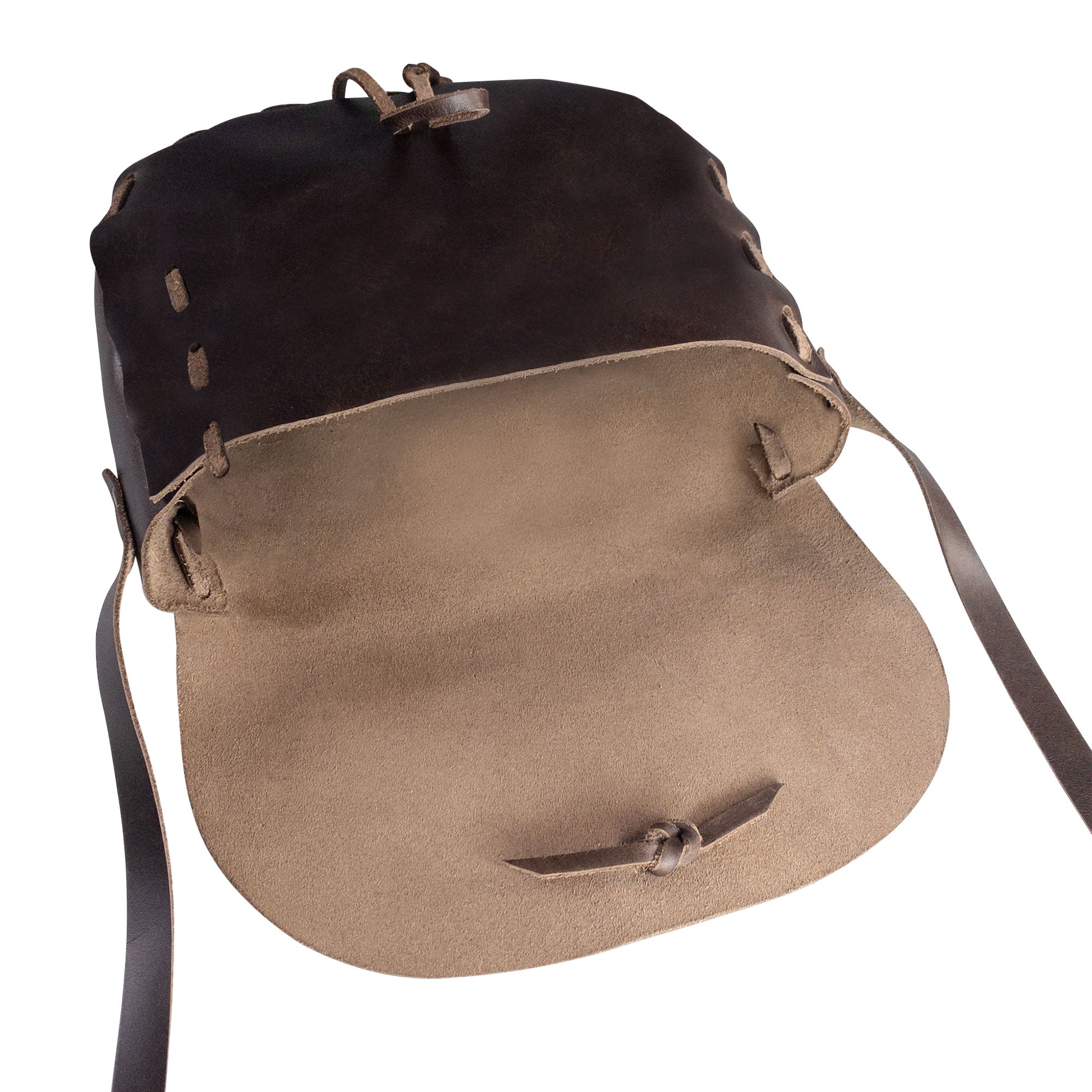 Interior view of the Medieval Style Shoulder Bag from La Antigua, highlighting its soft lining. This artisan bag serves as a stylish crossbody and travel companion. Made from Full Grain Leather, it is hand cut and hand sewn, showcasing the dedication of small batch production from La Antigua Guatemala & Oaxaca Mexico.