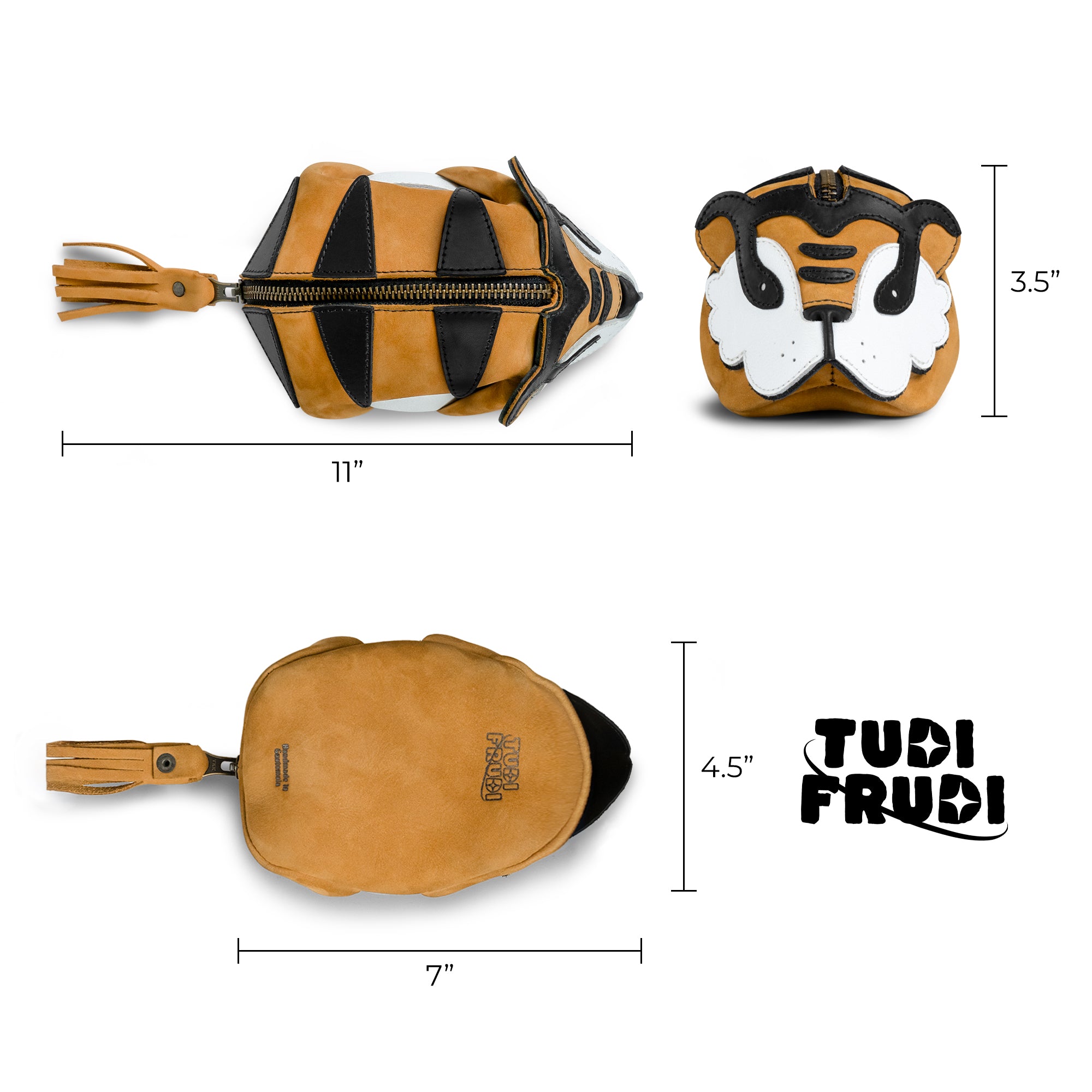 Dimensions view of the Tiger Leather Pouch by Tudi Frudi, presented with measurements for this multifunctional Leather Coin Purse and Zippered Cable Case, crafted with precision from Full Grain Leather, showcasing the small batch production and artisan craftsmanship.