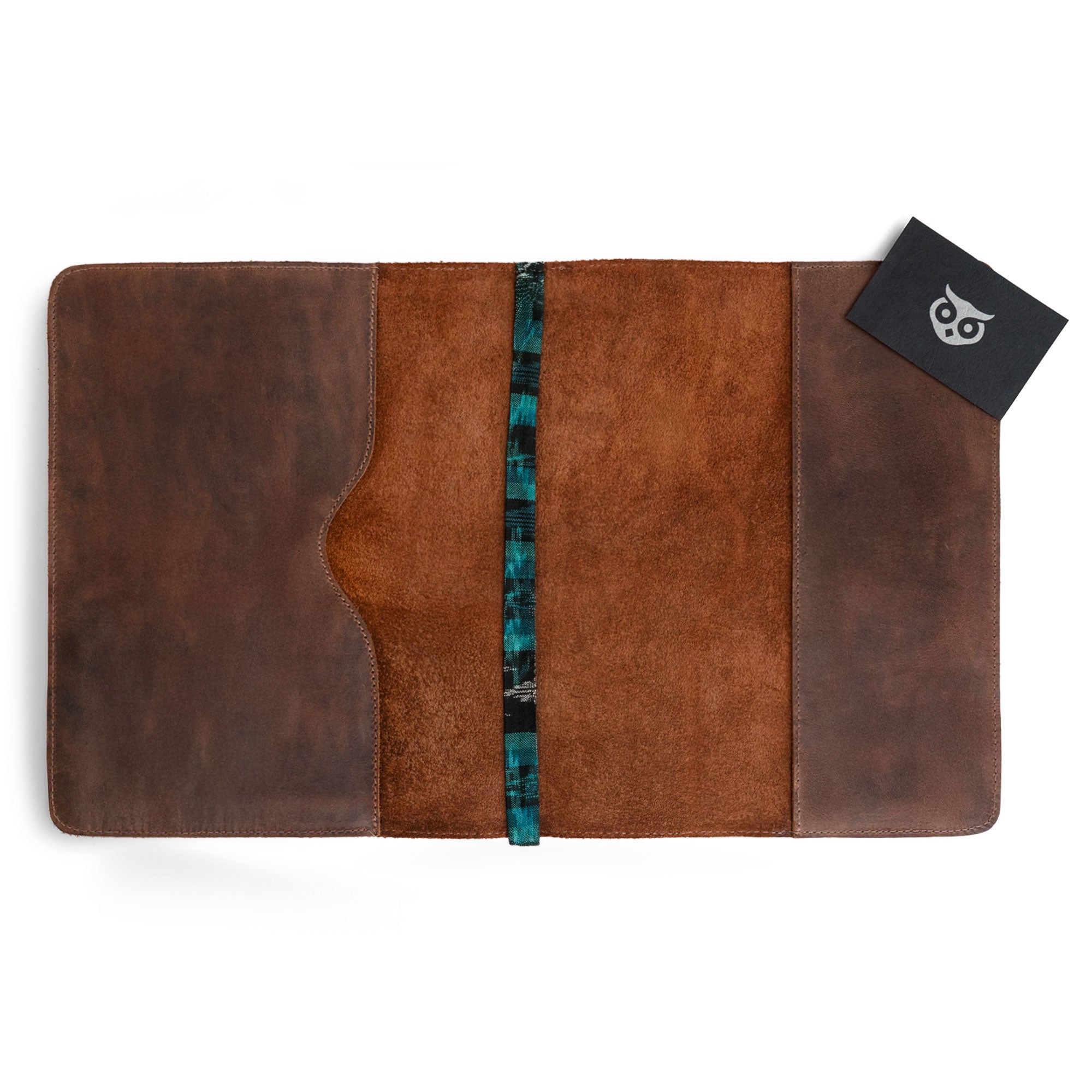 Flat view of the Journal Cover for (8.5 x 11 in.) Moleskine Cahier XXL by Hide & Drink, showcasing the beautiful full grain leather finish. This journal cover is ideal for those looking for genuine protection with a touch of handmade artistry, from small batch production in La Antigua Guatemala & Oaxaca Mexico.