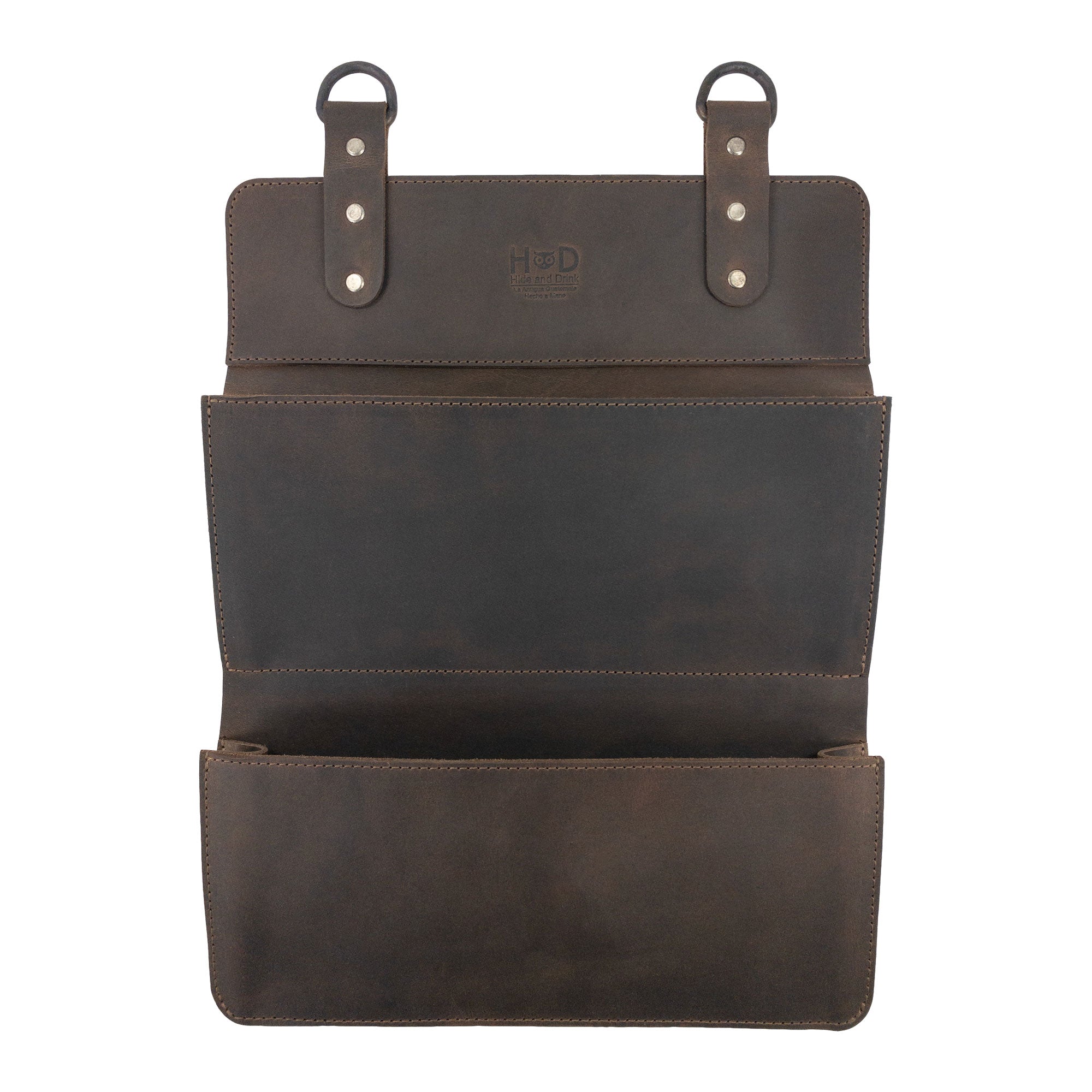 Hide & Drink Double Document Holder for Hanging featuring a rustic design made of full grain leather, perfect for wall mount file storage and home decor. This artisan-crafted piece showcases small batch production with hand cut and hand sewn details, fire branded for authenticity, handmade in La Antigua Guatemala & Oaxaca Mexico.
