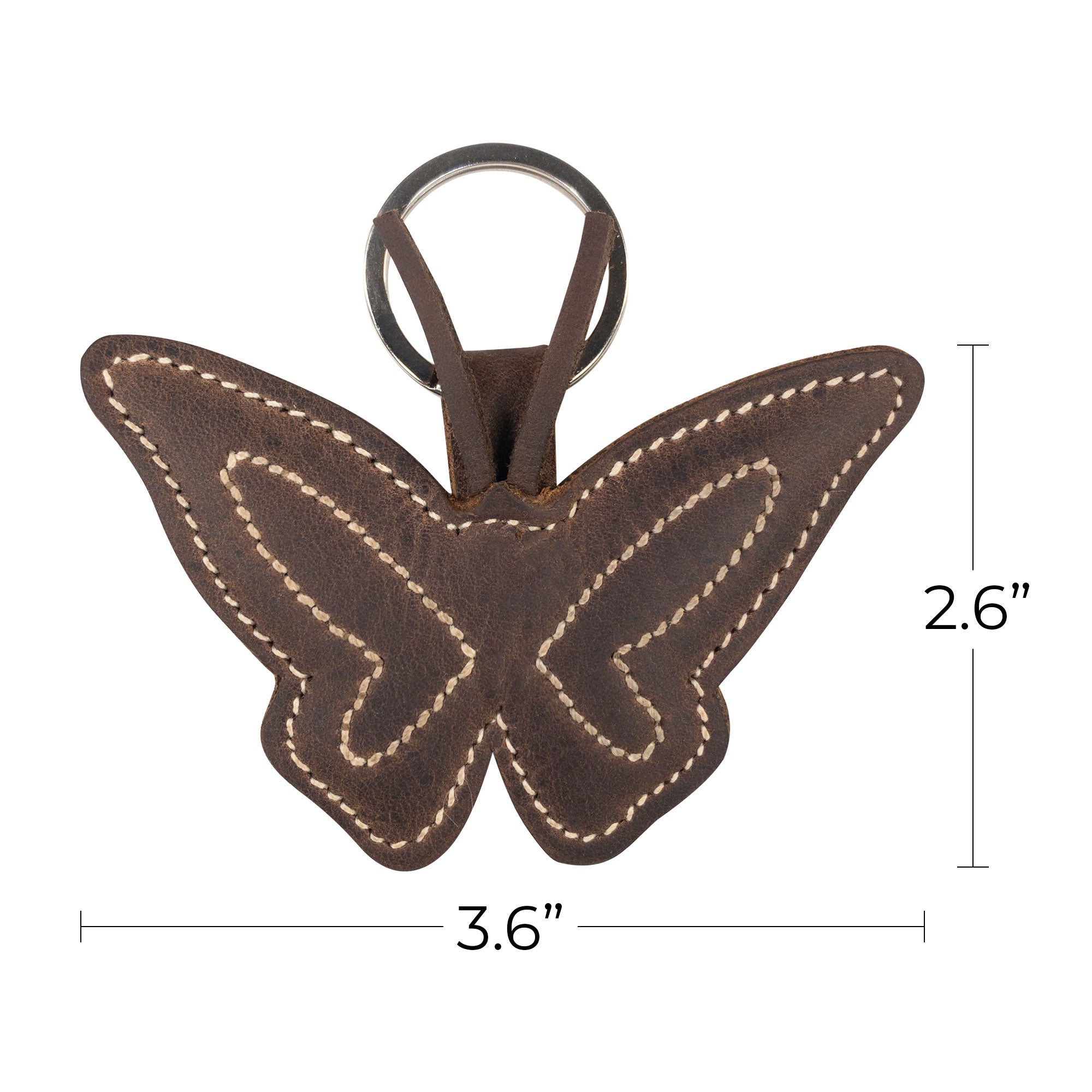 Dimensions of the Butterfly Keychain by Hide & Drink displayed, emphasizing its practical design in full grain leather. This handmade key ring is perfect for nature lovers and reflects artisan talent from La Antigua Guatemala & Oaxaca Mexico.