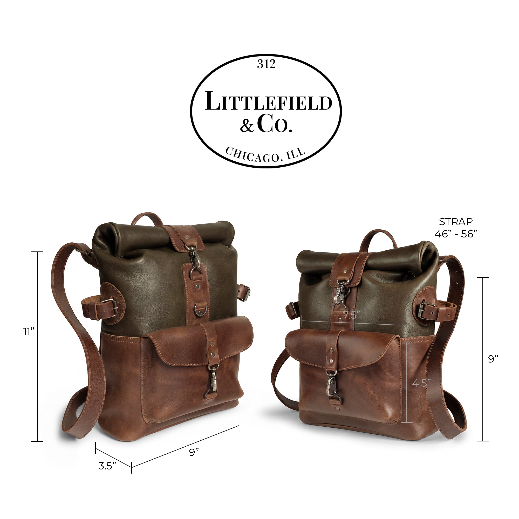 Side-by-side comparison of the Vintage Adventure Crossbody Bag by Littlefield Chicago highlighting dimensions and features. This messenger bag is designed as a vintage shoulder bag, crafted using small batch production techniques from leather that’s hand cut and sewn in La Antigua Guatemala.