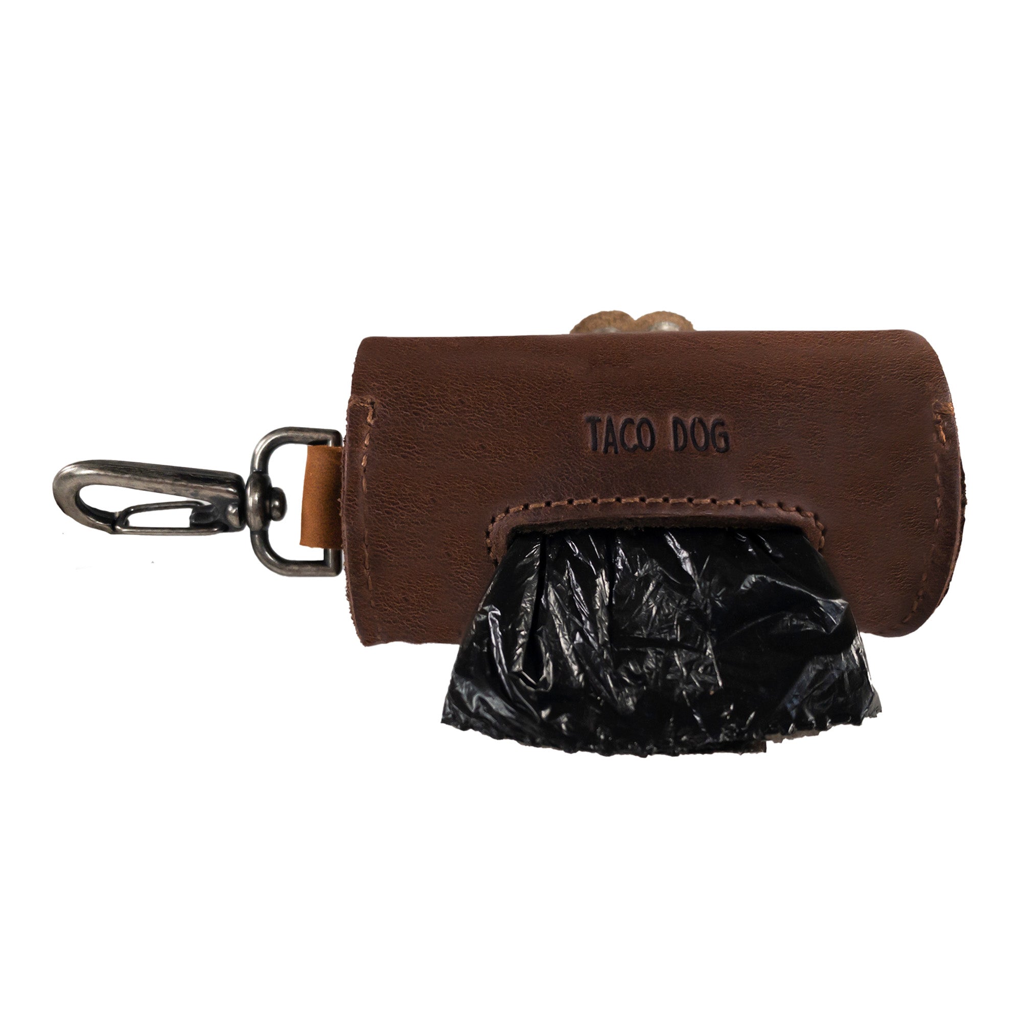 Taco Dog Paw Poop Bag Pouch in action, displaying a tied-off bag ready for use, emphasizing convenience for dog owners. Made from full grain leather, this carrier boasts an artisan touch from La Antigua Guatemala, perfect for effortless cleanups on walks.
