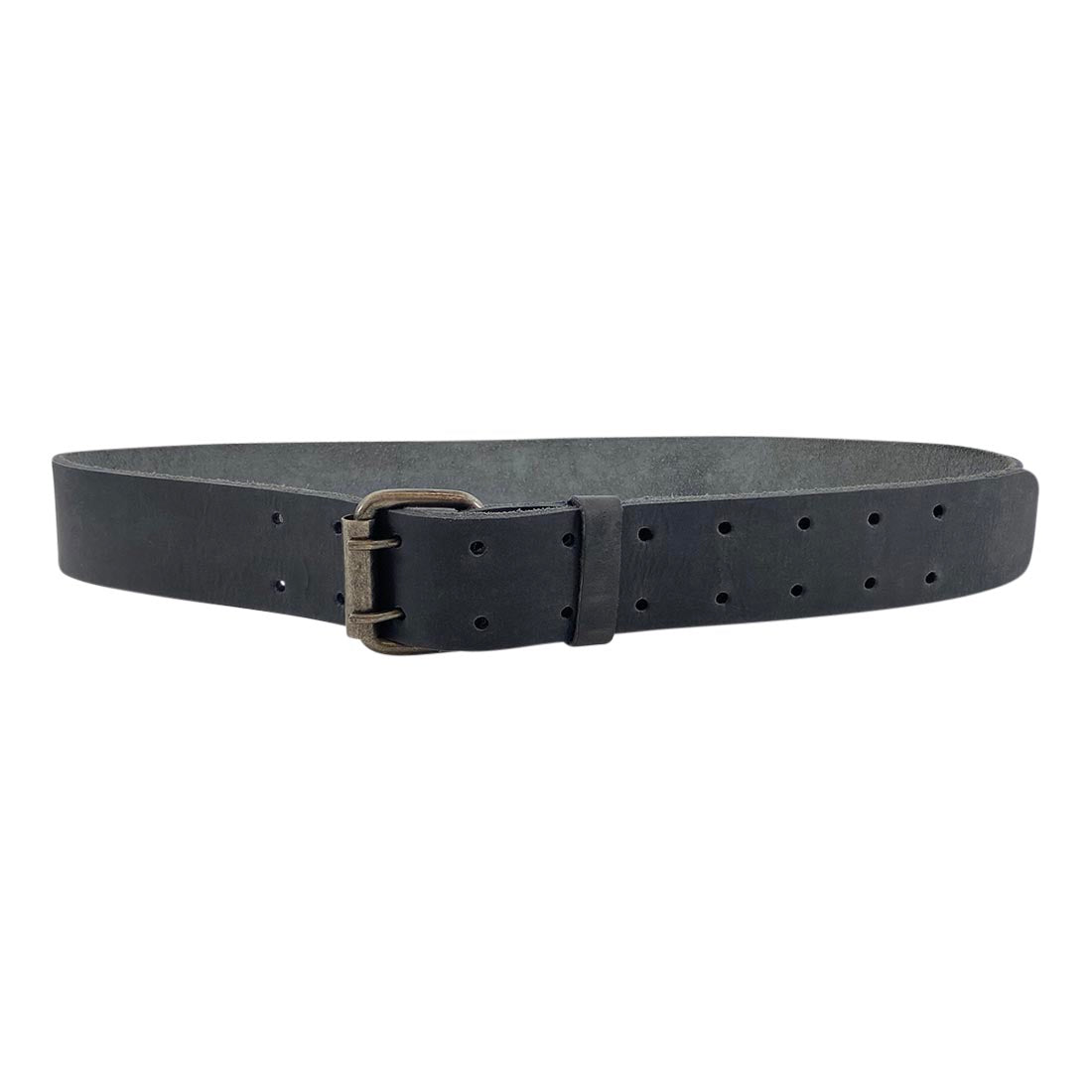 Ending view of the black Reinforced Double Prong Buckle Belt by Hide & Drink, focusing on its buckle and length. This stylish belt is 1.5 in. wide, made from full grain leather, reflecting stockyardX craftsmanship within small batch production, highlighting hand cut, hand sewn, and fire branded artisan techniques, made in La Antigua Guatemala & Oaxaca Mexico.