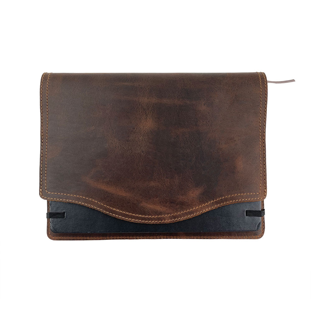 A flat open view of the Hard Cover Notebook Protector (Notebook NOT Included) by Hide & Drink, displaying its elegant design and blank pages. This journal cover is tailored for Moleskine Hard Cover Sketchbook XXL Size (8.5 x 11 in.), Notebook NOT Included, made of Full Grain Leather, part of StockyardX’s small batch production with meticulous hand cut, hand sewn, and fire branded processes by artisans. Handmade in La Antigua Guatemala & Oaxaca Mexico.