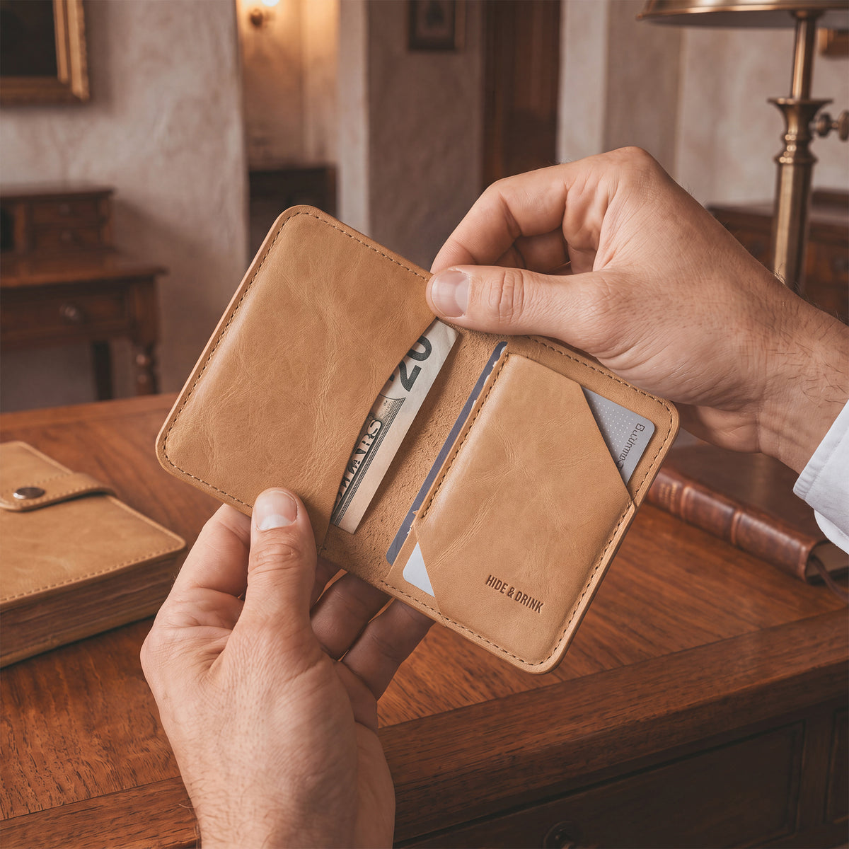 A held brown Bi-Fold Card Wallet Diagonal by Hide & Drink illustrating its compact design, perfect for organization and made with artisan quality full grain leather.