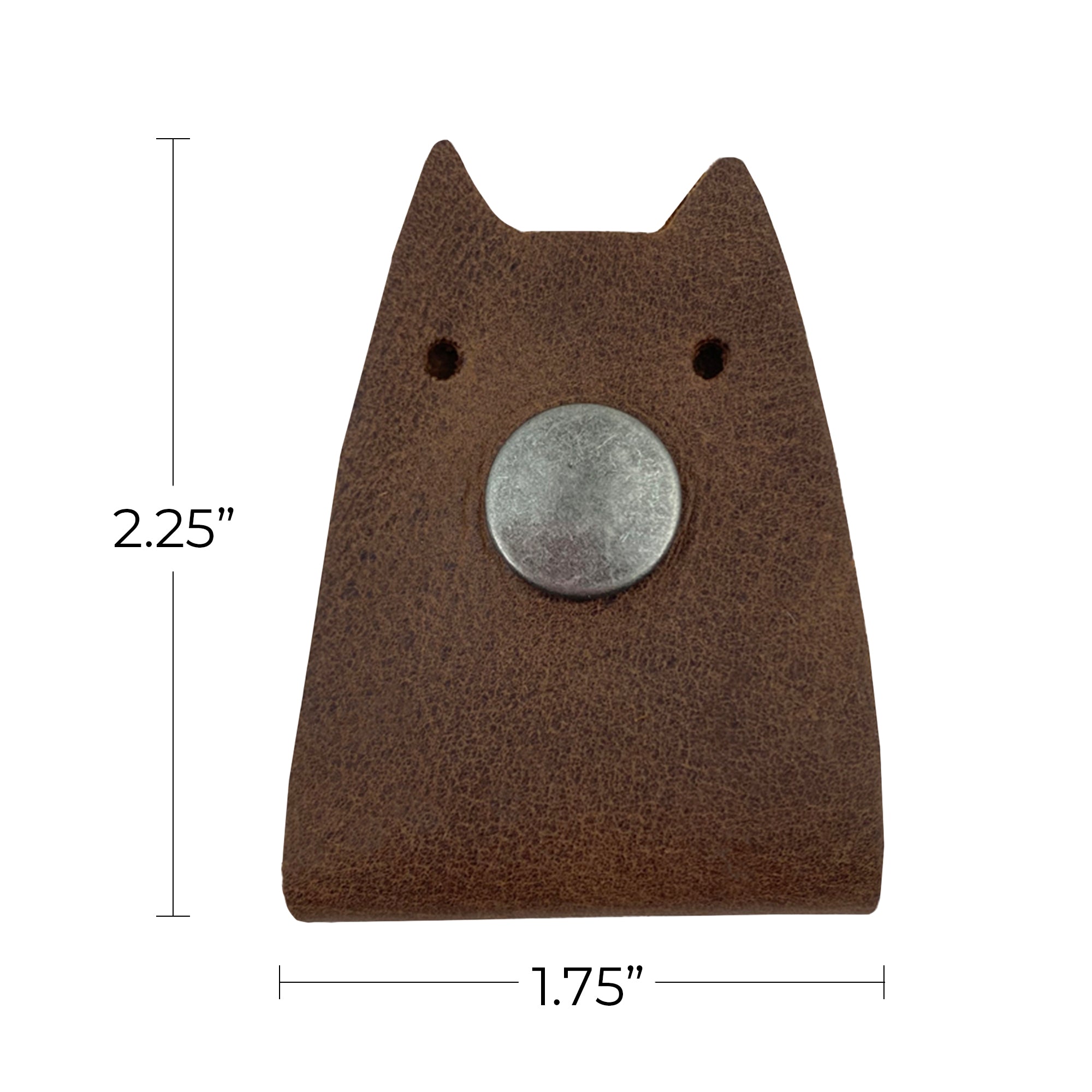 Dimensions of Taco Dog's Cat Cord Keeper (2 Pack) displayed with measurement details. These functional leather accessories are perfect for keeping your cables, earbuds, headphones, and chargers organized while traveling. Artisan crafted from full grain leather in La Antigua Guatemala & Oaxaca Mexico.