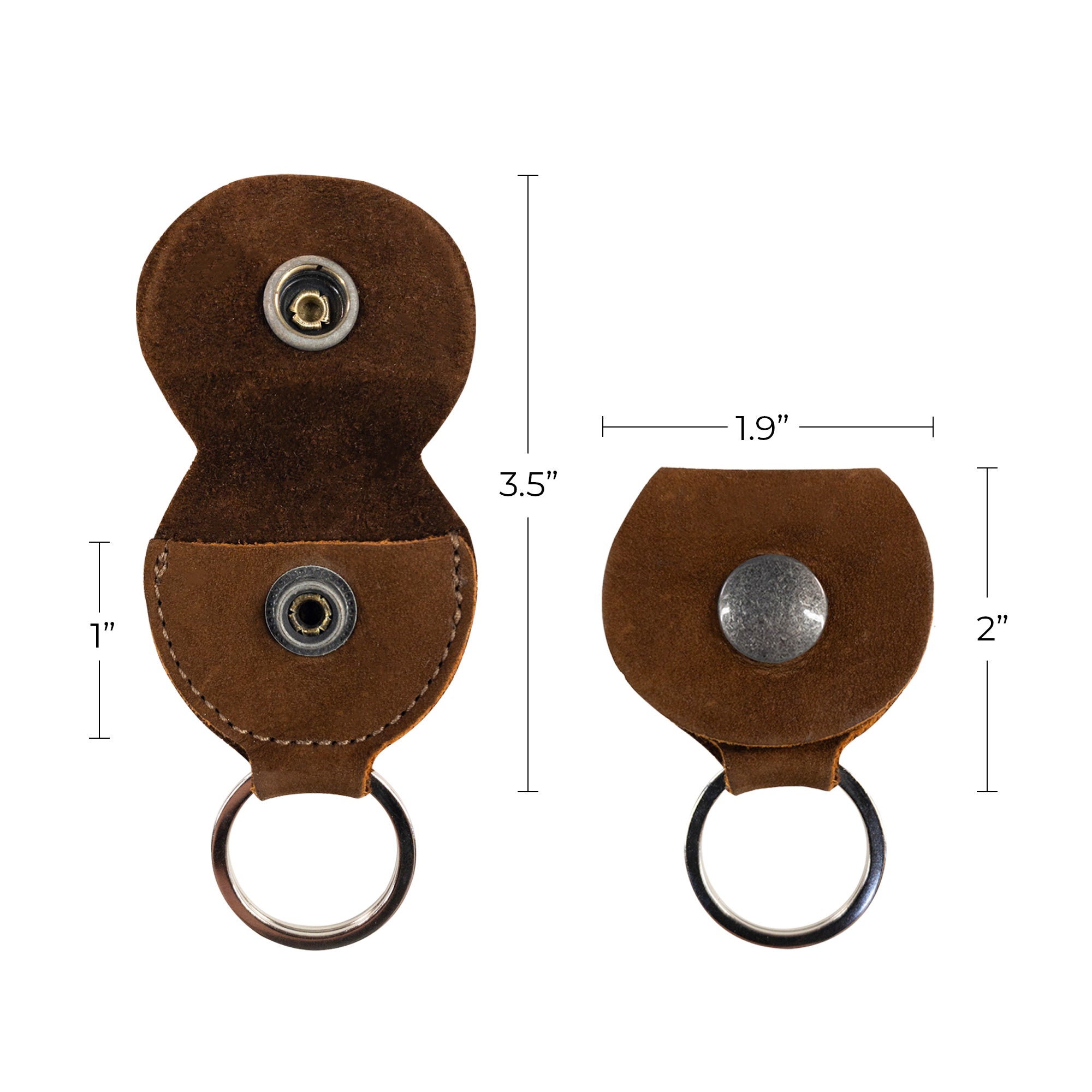 Dimensions of the Key Chain & Guitar Pick Holder by Hide & Drink, illustrating the size of the Guitar Pick Holder with Ring. This compact key organizer is made from Full Grain Leather, emphasizing small batch production quality with hand cut and hand sewn techniques, fire branded, and artisan crafted, handmade in La Antigua Guatemala & Oaxaca Mexico.